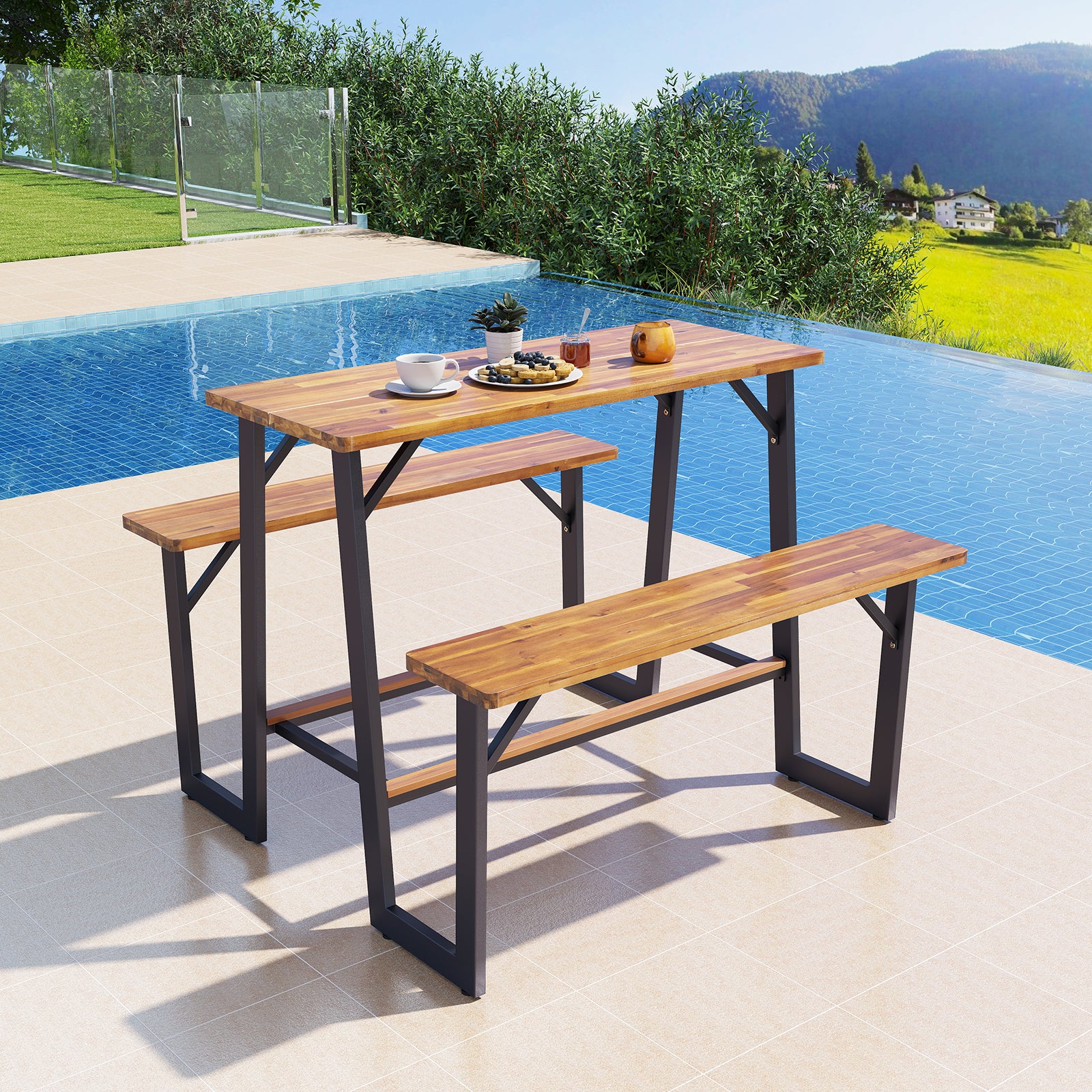 Patio Picnic Table Bench Set with Acacia Wood Tabletop and Benchtop, Natural Patio Dining Sets at Gallery Canada