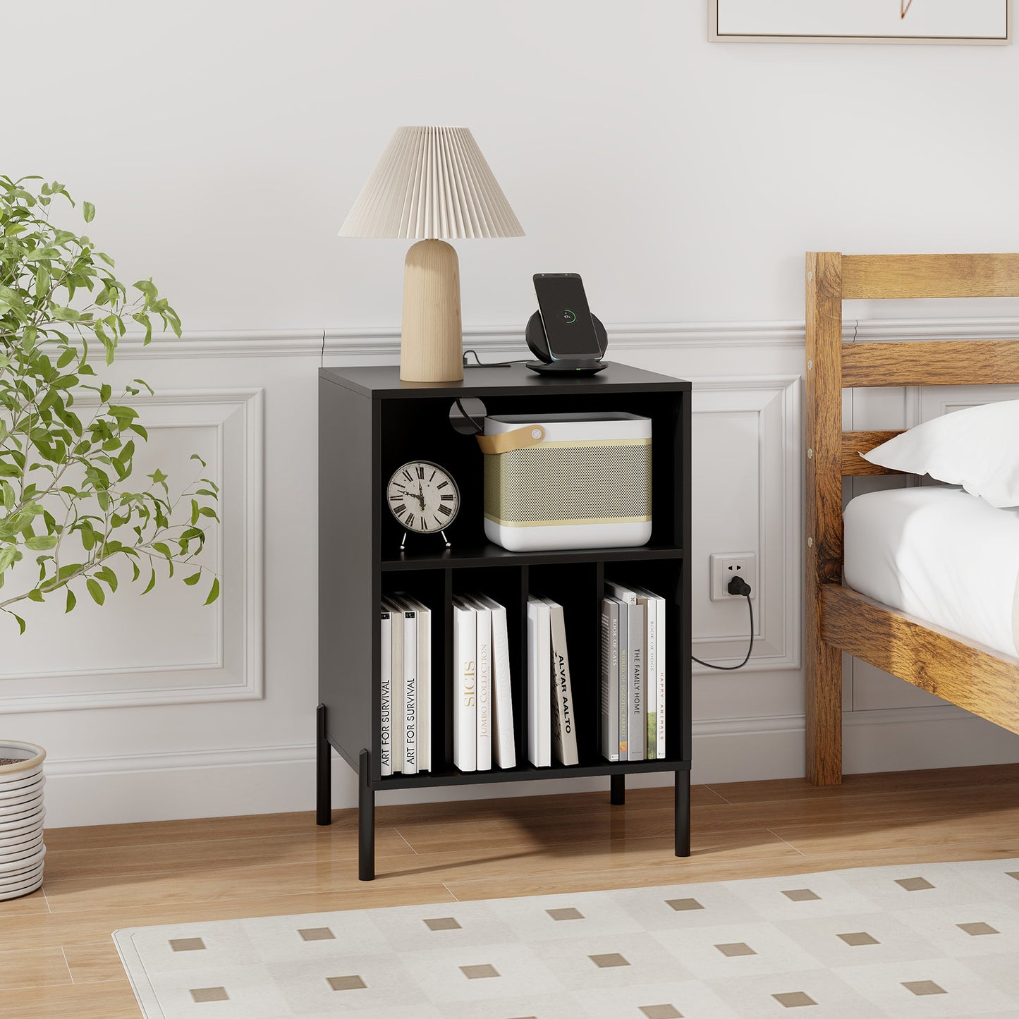 Record Player Stand with Record Storage Shelf and Charging Station, Black End & Side Tables at Gallery Canada