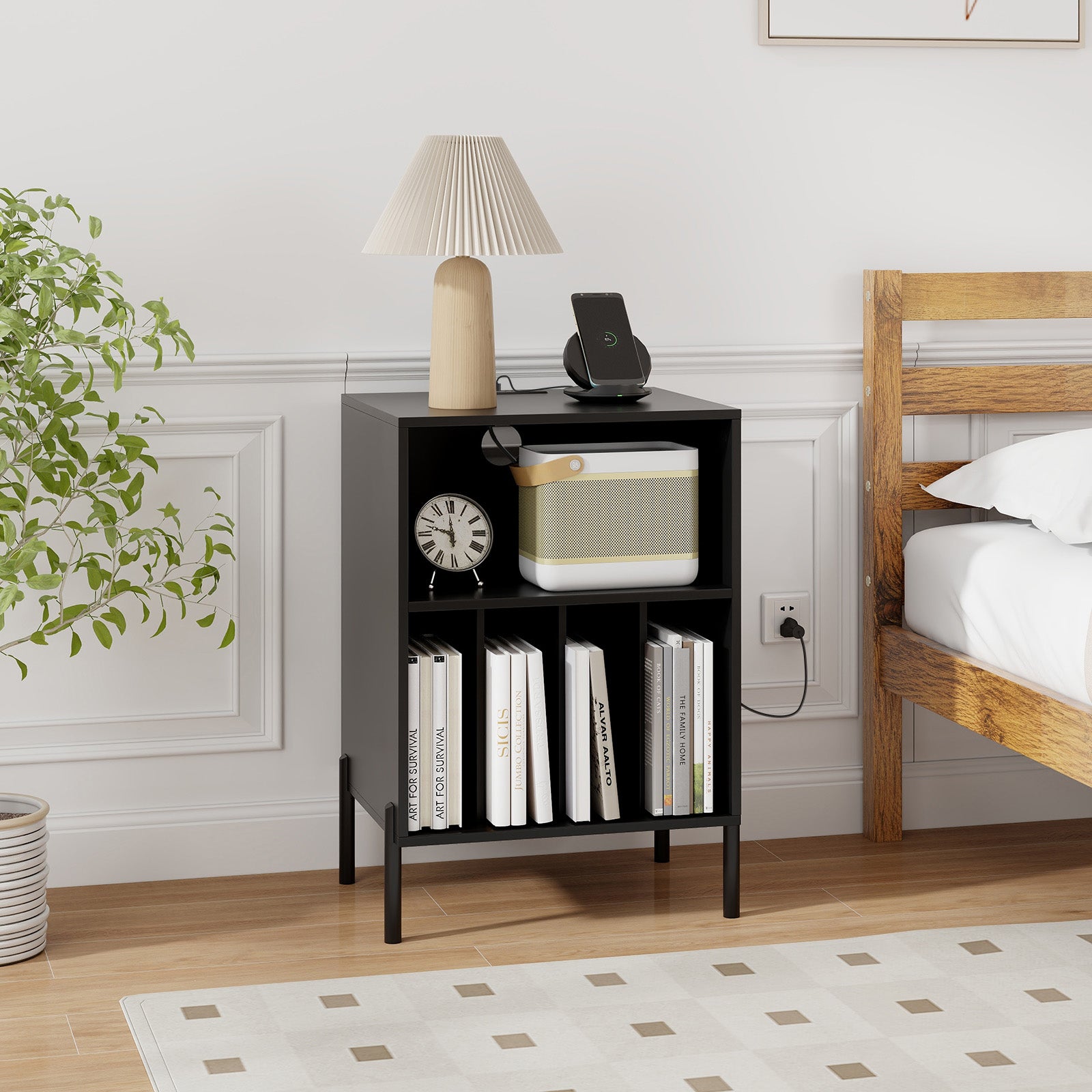 Record Player Stand with Record Storage Shelf and Charging Station, Black End & Side Tables at Gallery Canada