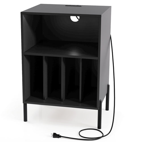 Record Player Stand with Record Storage Shelf and Charging Station, Black