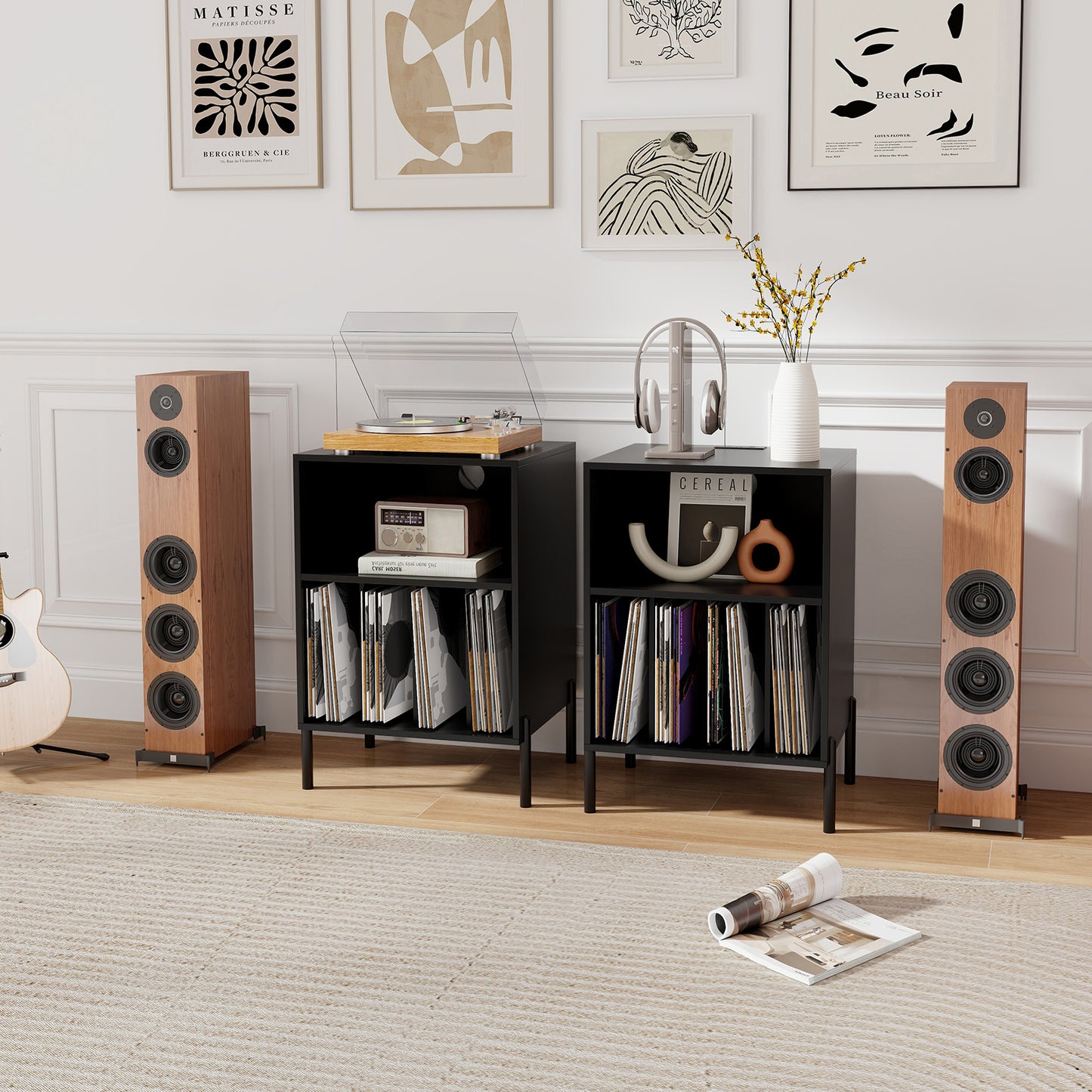 Record Player Stand with Record Storage Shelf and Charging Station, Black End & Side Tables at Gallery Canada