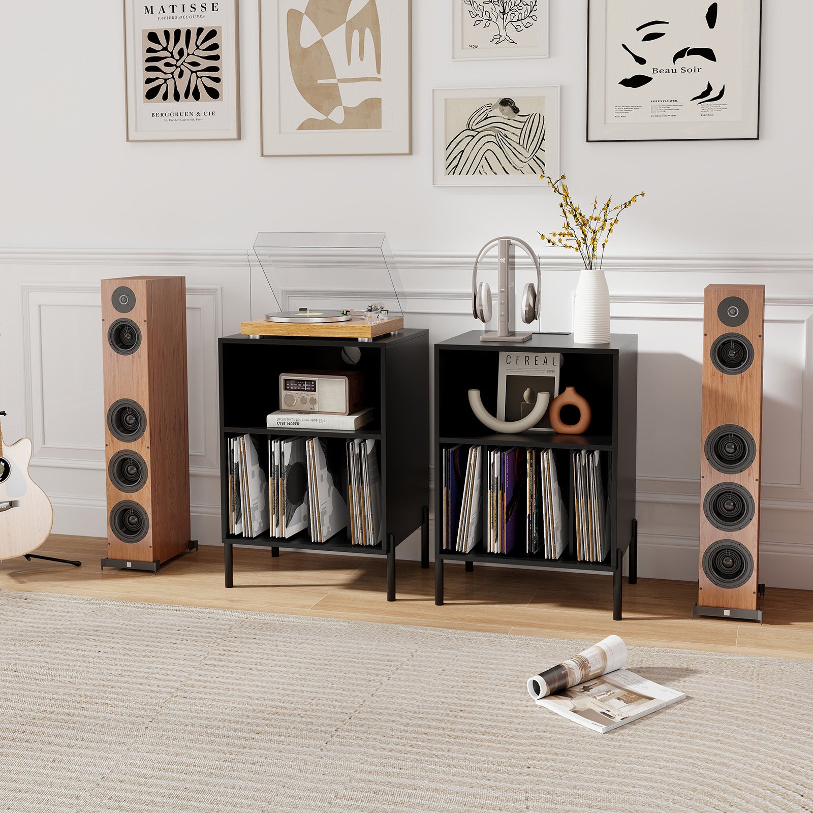 Record Player Stand with Record Storage Shelf and Charging Station, Black End & Side Tables at Gallery Canada