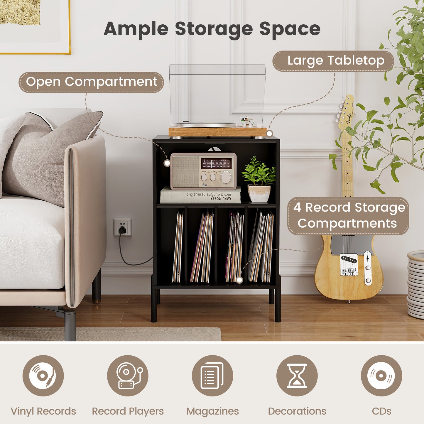 Record Player Stand with Record Storage Shelf and Charging Station, Black End & Side Tables at Gallery Canada