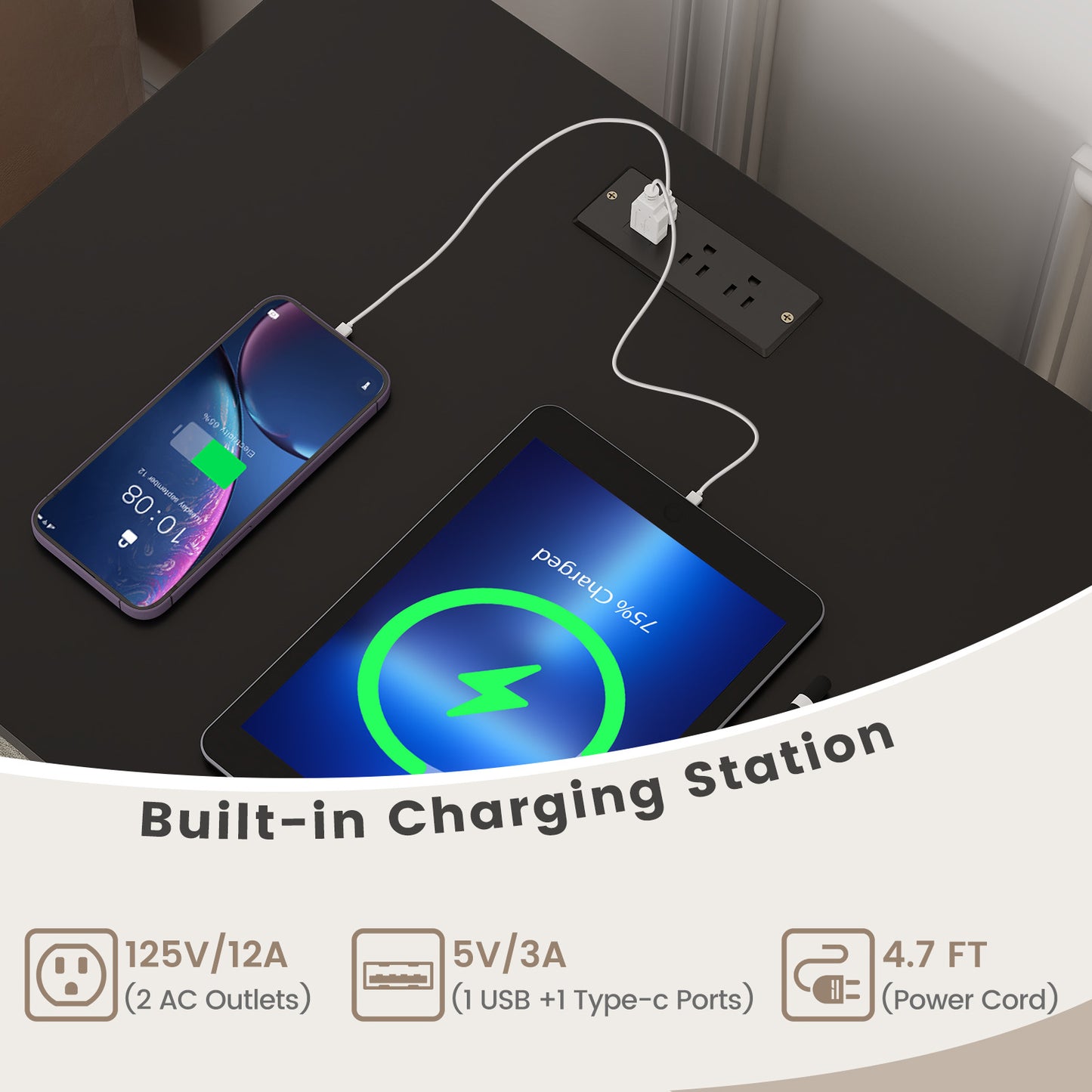 Record Player Stand with Record Storage Shelf and Charging Station, Black End & Side Tables at Gallery Canada