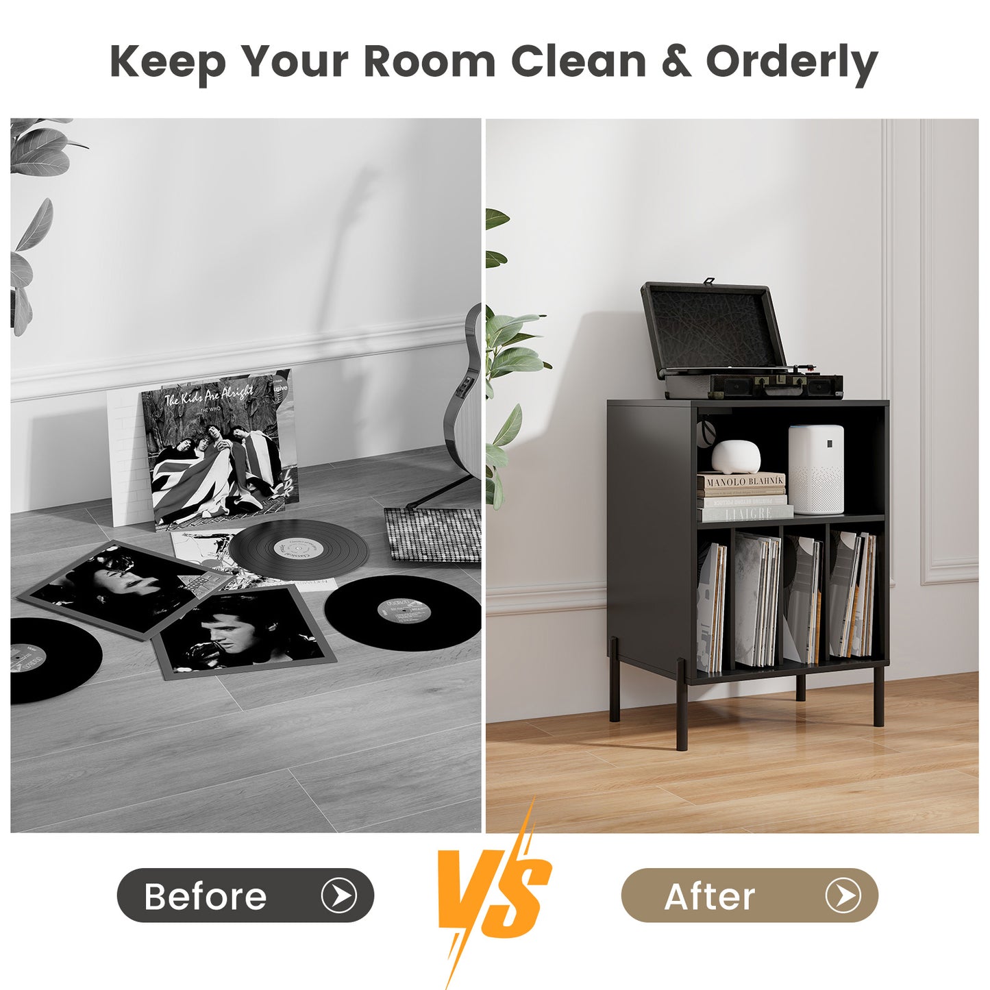 Record Player Stand with Record Storage Shelf and Charging Station, Black End & Side Tables at Gallery Canada