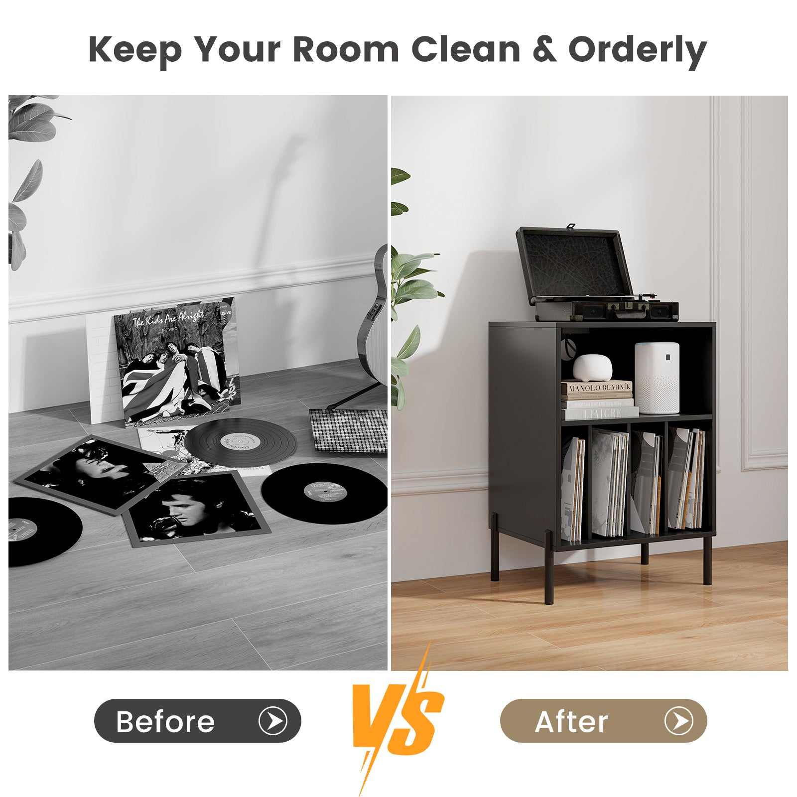 Record Player Stand with Record Storage Shelf and Charging Station, Black End & Side Tables at Gallery Canada