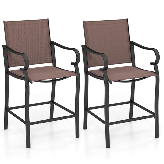 Outdoor Counter Height Bar Stools, Set of 2, Breathable Mesh Fabric, Brown Patio Bar Furniture Brown at Gallery Canada