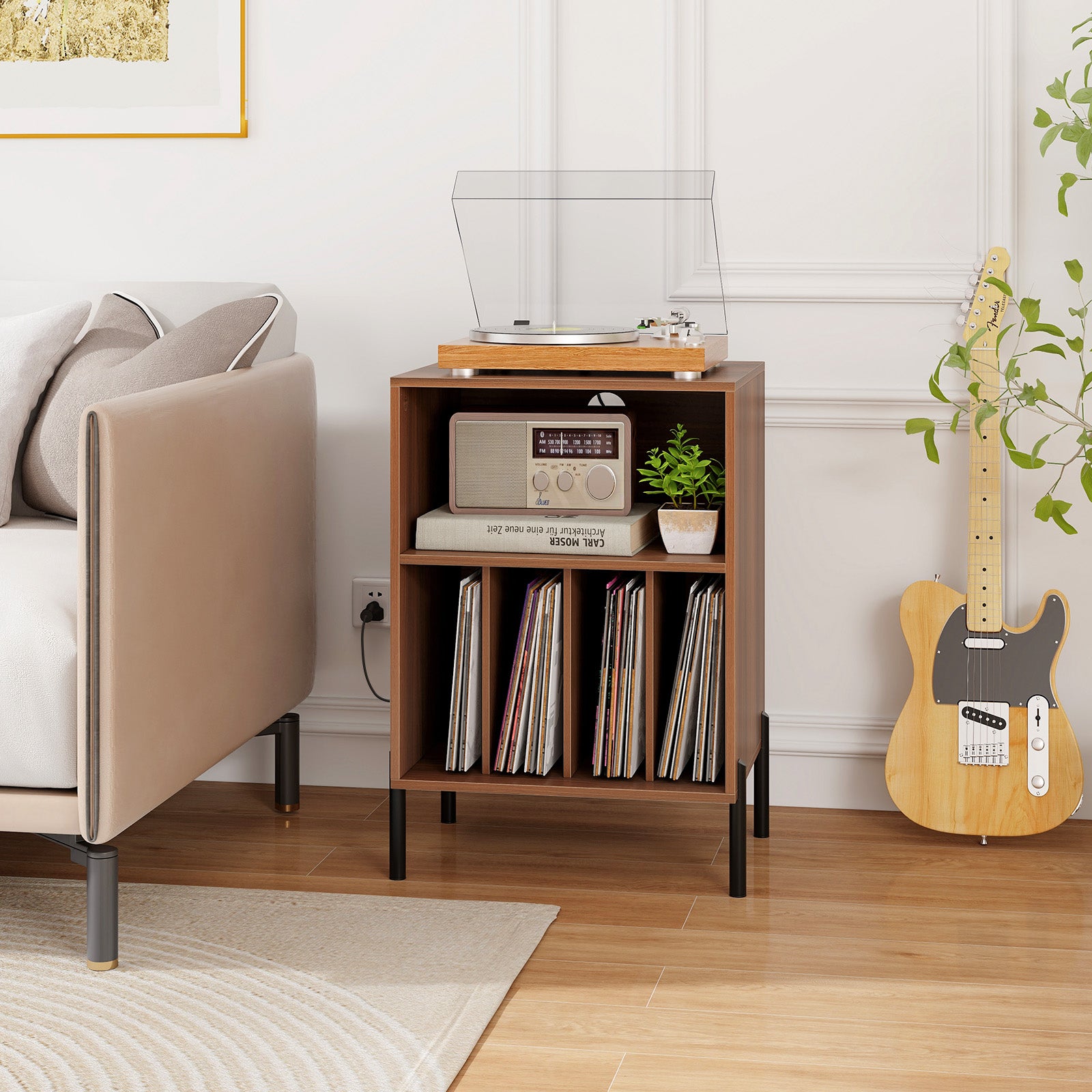 Record Player Stand with Record Storage Shelf and Charging Station, Walnut End & Side Tables at Gallery Canada