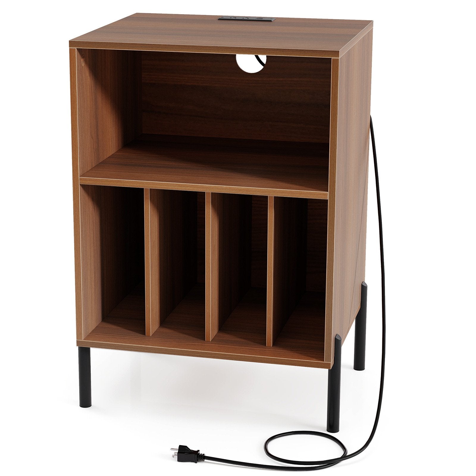 Record Player Stand with Record Storage Shelf and Charging Station, Walnut End & Side Tables Walnut at Gallery Canada