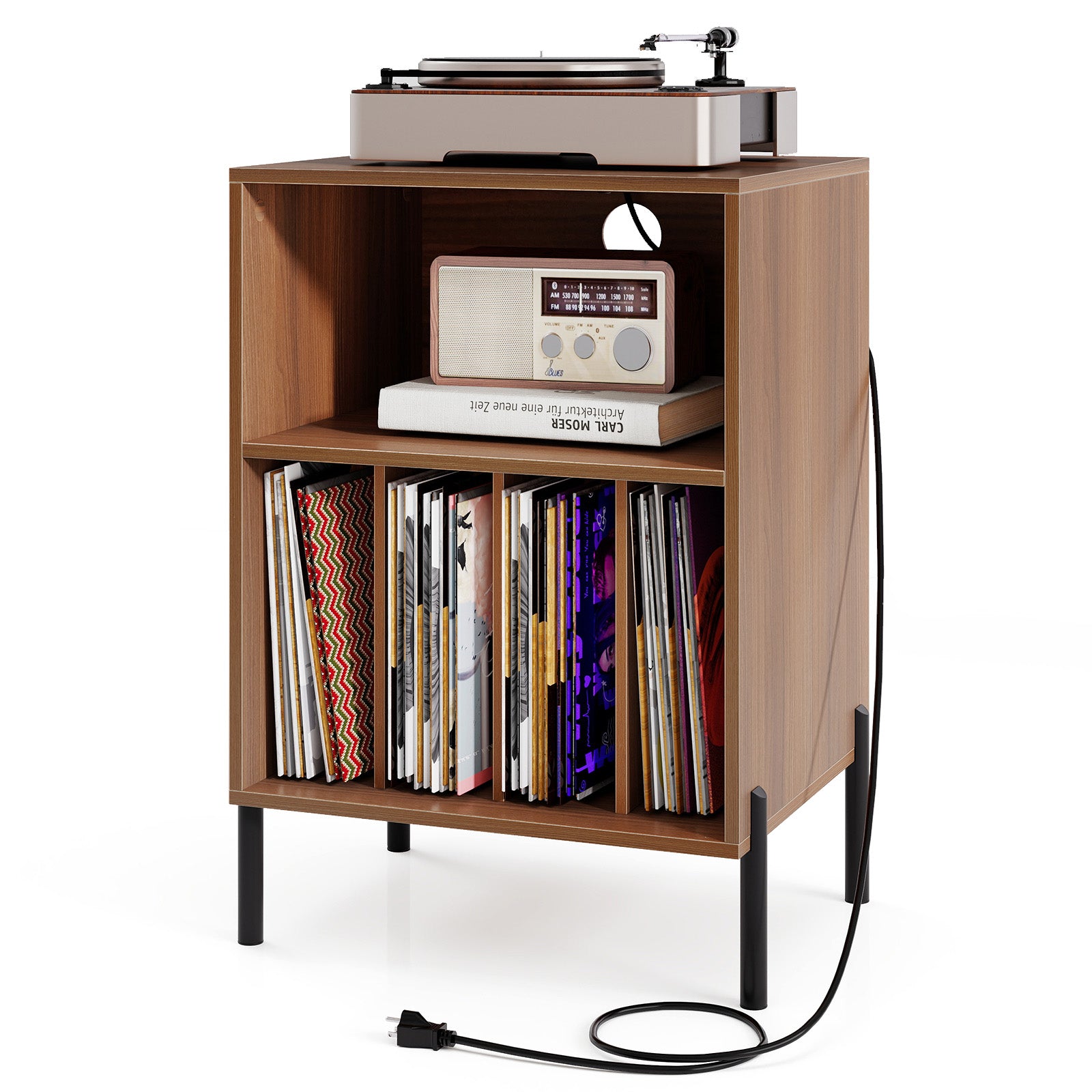 Record Player Stand with Record Storage Shelf and Charging Station, Walnut End & Side Tables at Gallery Canada