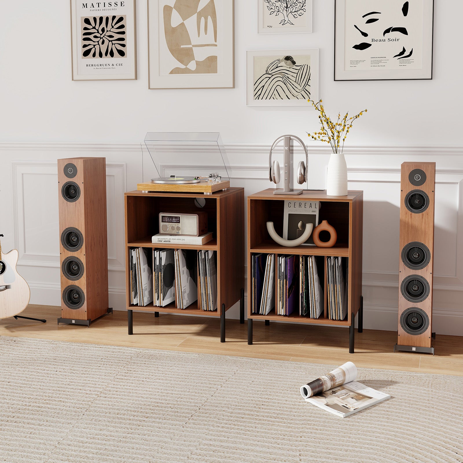 Record Player Stand with Record Storage Shelf and Charging Station, Walnut End & Side Tables at Gallery Canada