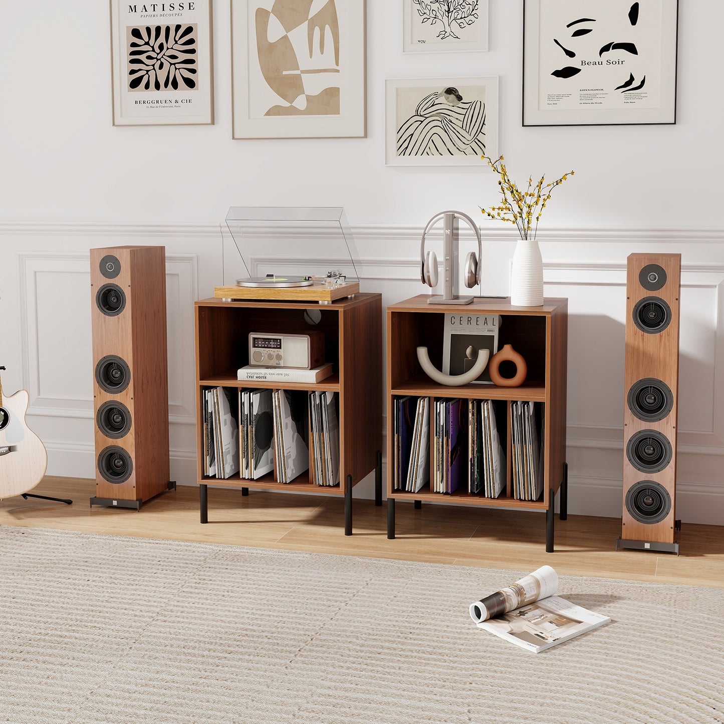 Record Player Stand with Record Storage Shelf and Charging Station, Walnut End & Side Tables at Gallery Canada
