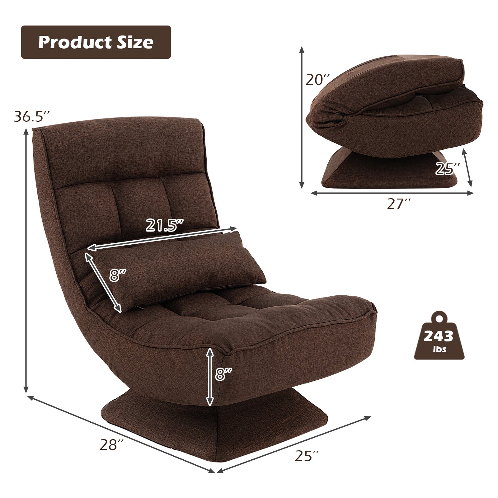 5-Level Adjustable 360° Swivel Floor Chair with Massage Pillow, Brown Floor Chairs at Gallery Canada