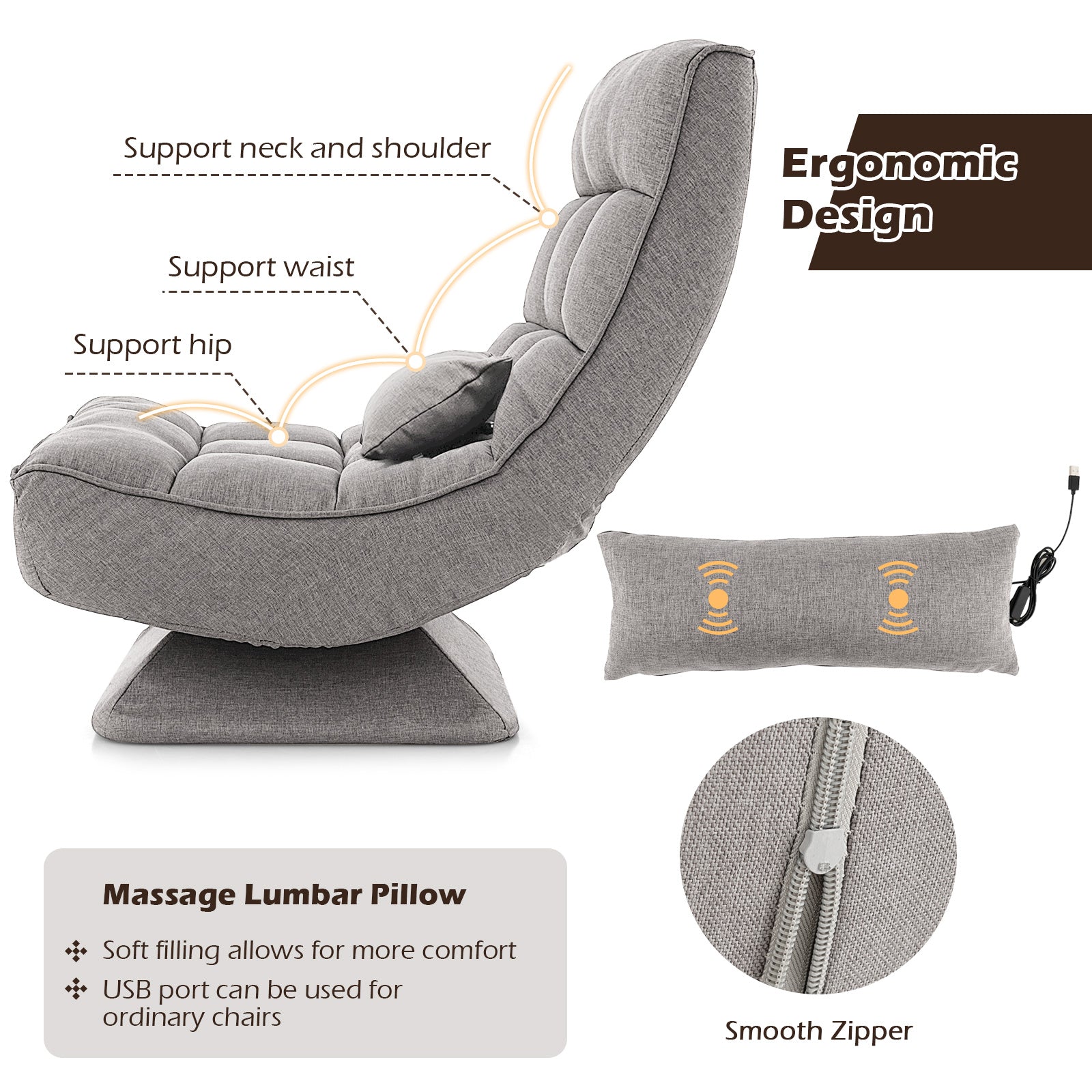 5-Level Adjustable 360° Swivel Floor Chair with Massage Pillow, Gray Floor Chairs at Gallery Canada