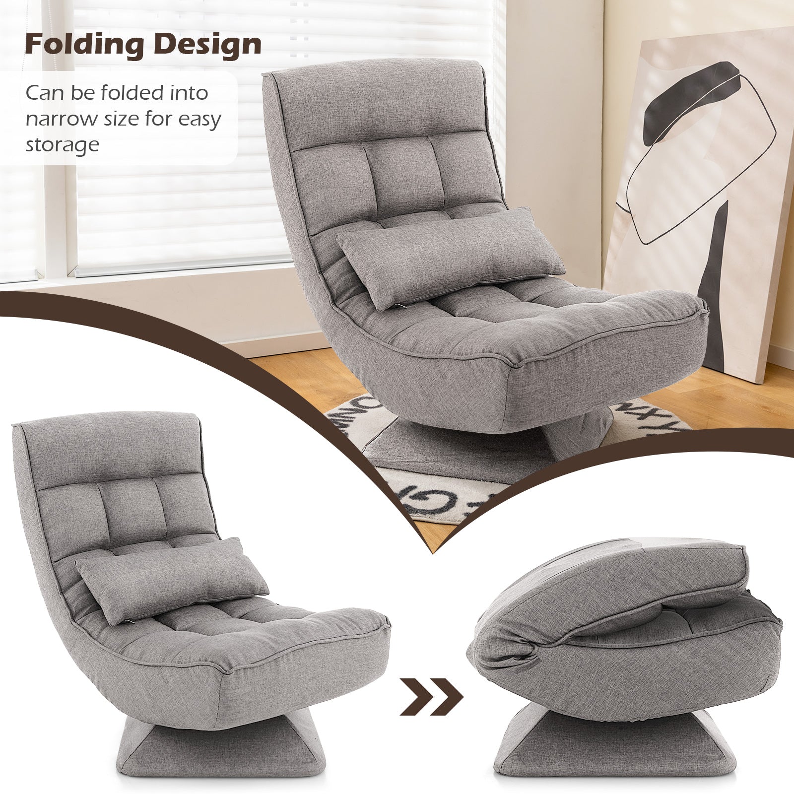 5-Level Adjustable 360° Swivel Floor Chair with Massage Pillow, Gray Floor Chairs at Gallery Canada