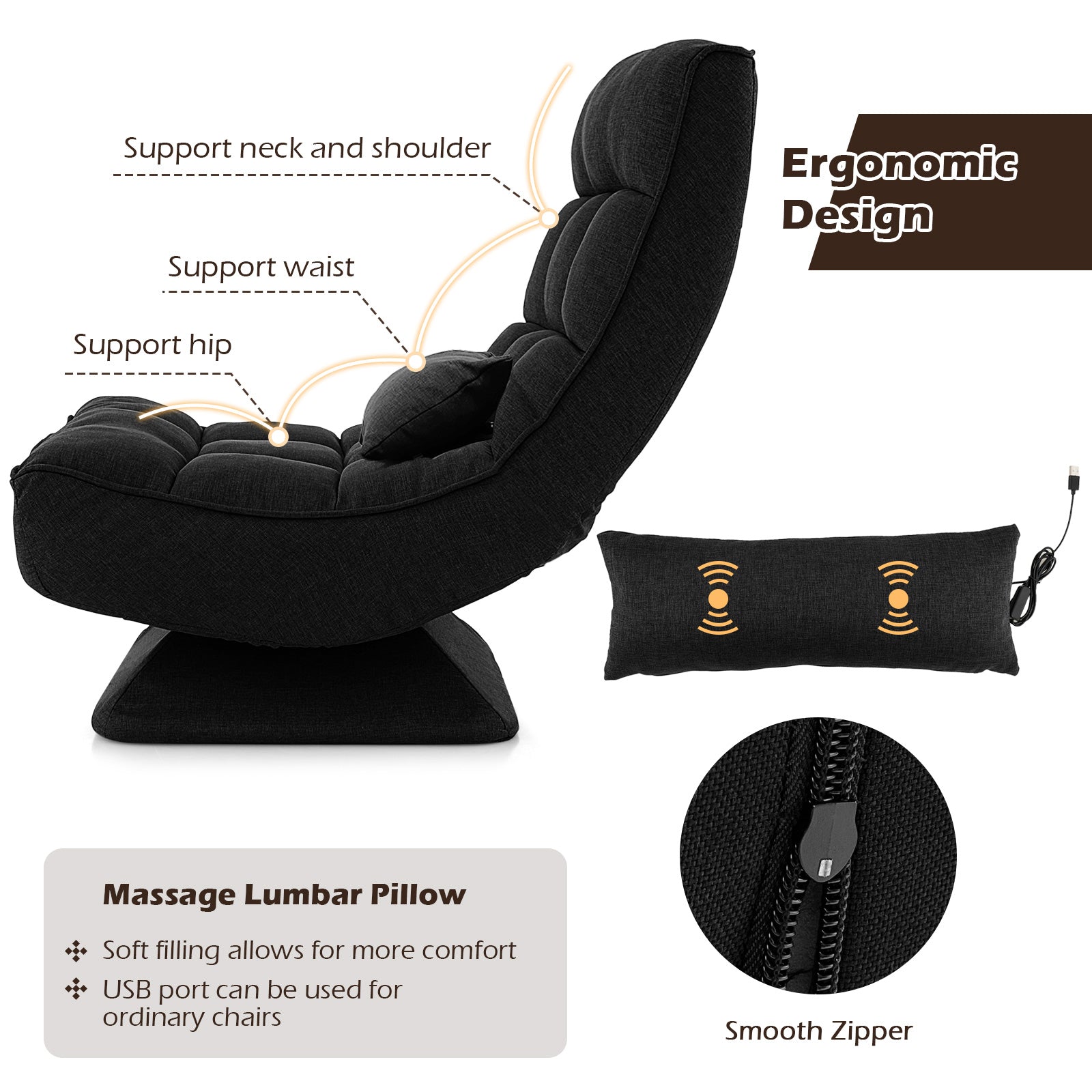 5-Level Adjustable 360° Swivel Floor Chair with Massage Pillow, Black Floor Chairs at Gallery Canada