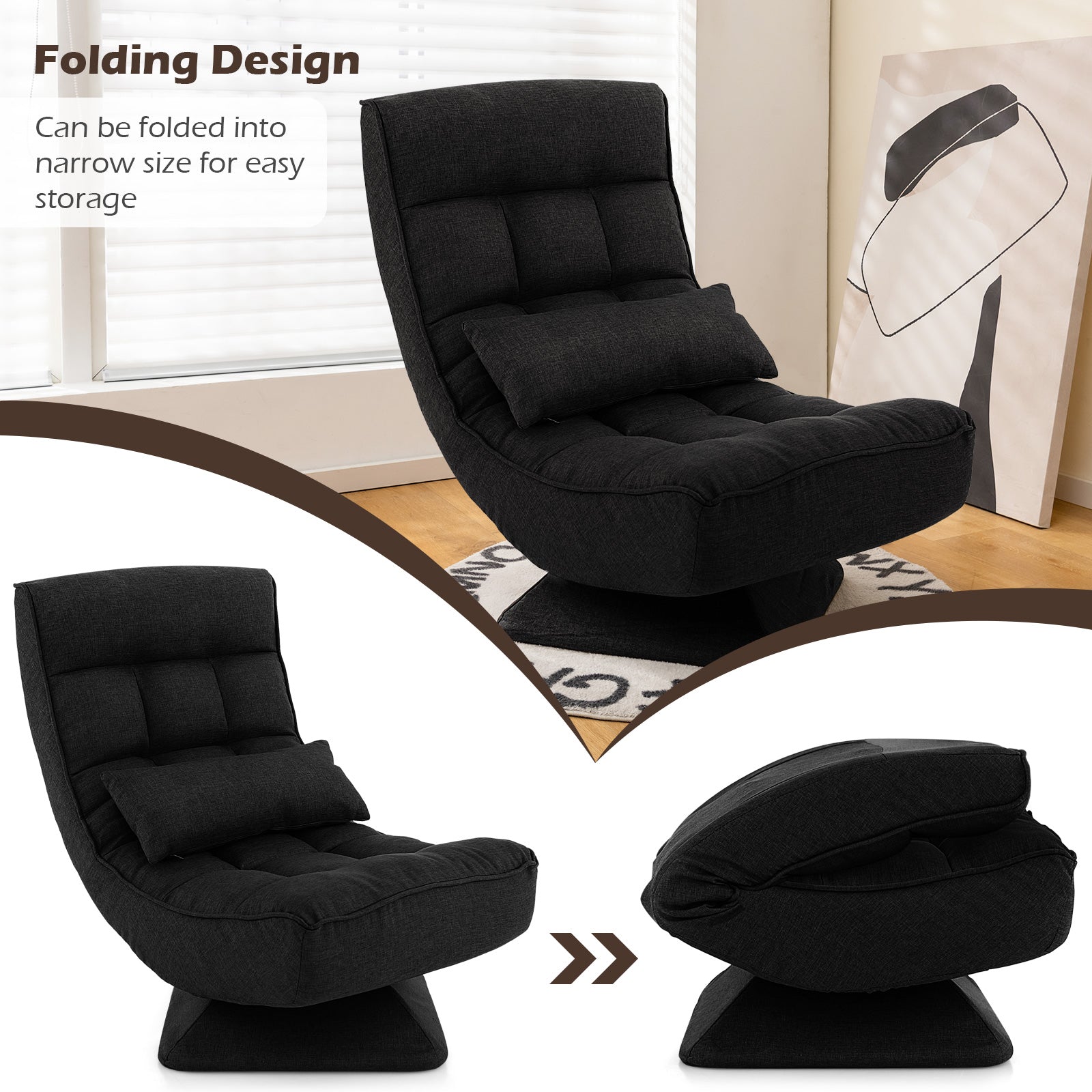 5-Level Adjustable 360° Swivel Floor Chair with Massage Pillow, Black Floor Chairs at Gallery Canada