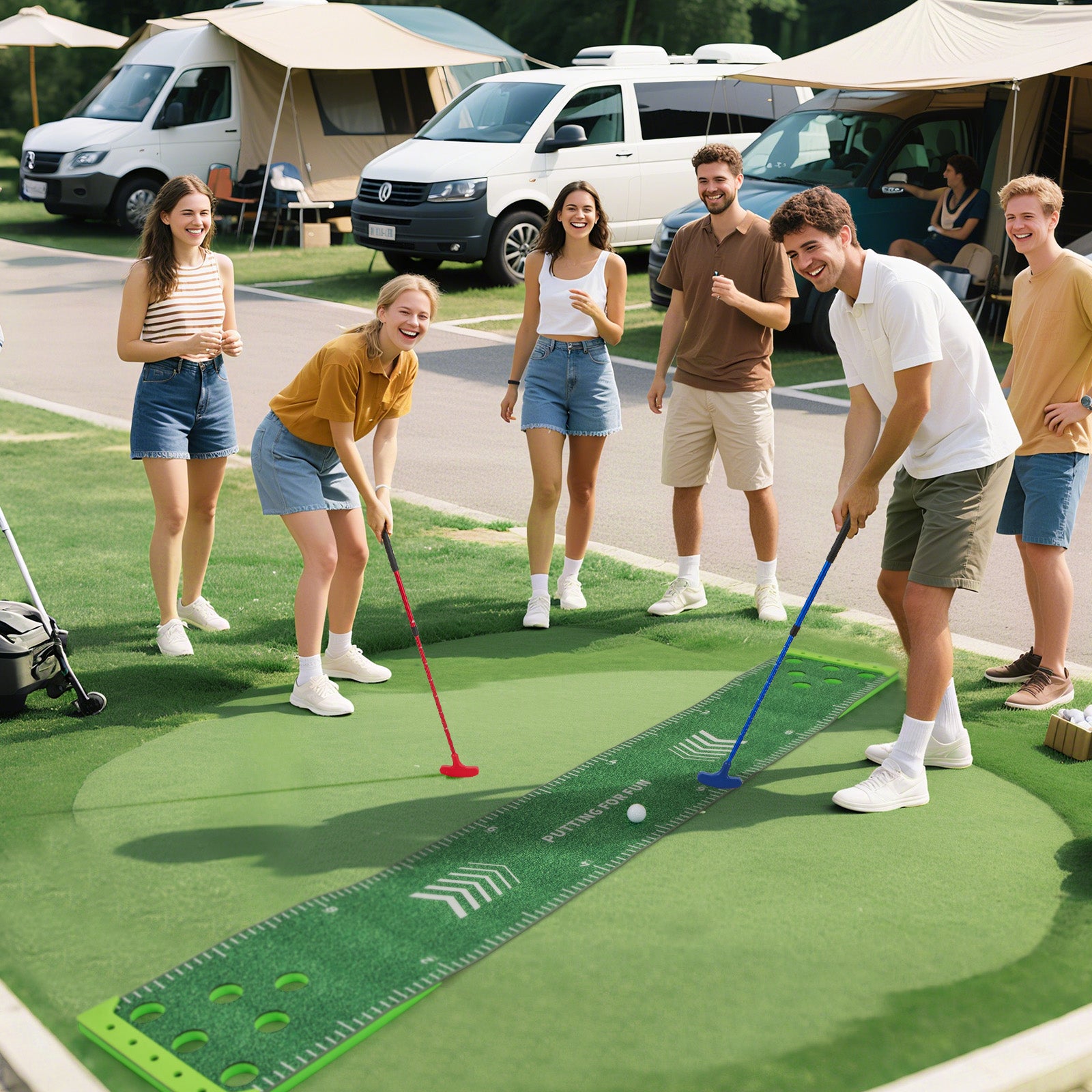 11 FT Putting Green Mat with 2 Adjustable Putters and 6 Balls, Green Golf at Gallery Canada