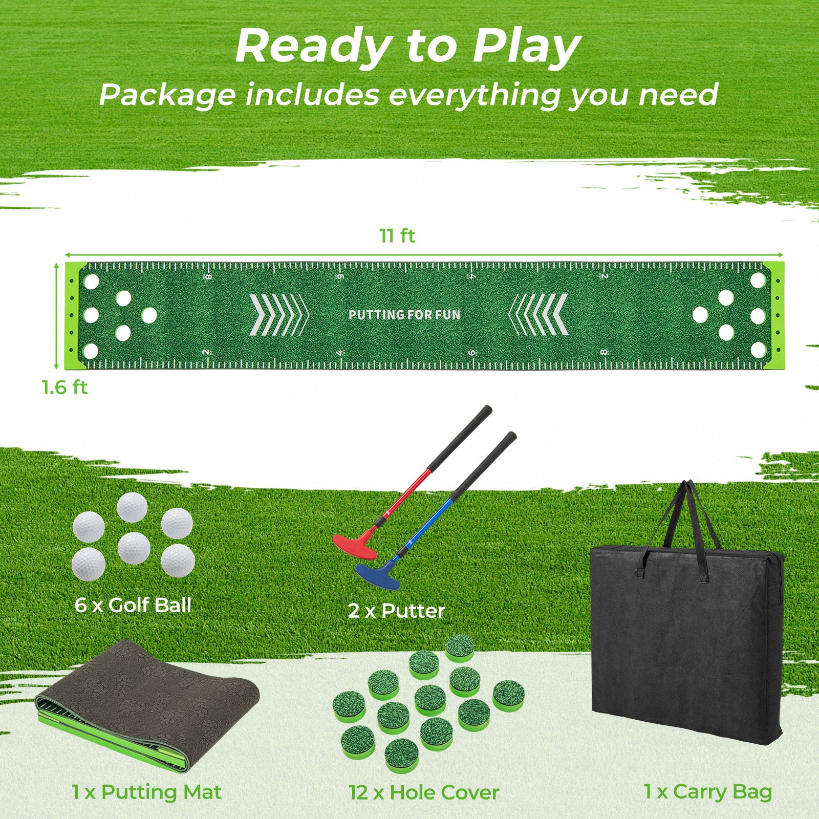 11 FT Putting Green Mat with 2 Adjustable Putters and 6 Balls, Green Golf at Gallery Canada