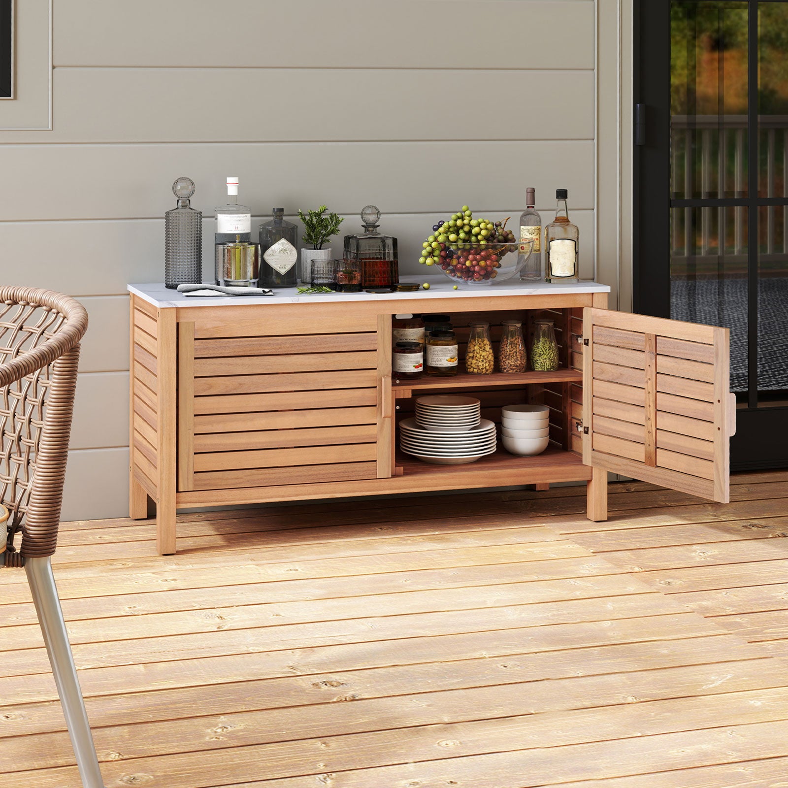 Patio Storage Cabinet, 2-Door Acacia Wood, Faux Marble Top Sheds & Outdoor Storage at Gallery Canada