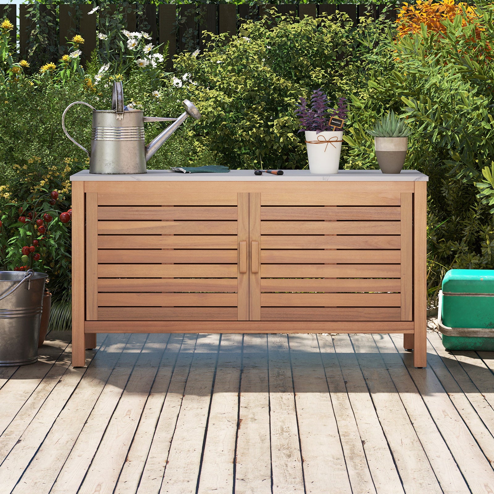 Patio Storage Cabinet, 2-Door Acacia Wood, Faux Marble Top Sheds & Outdoor Storage at Gallery Canada