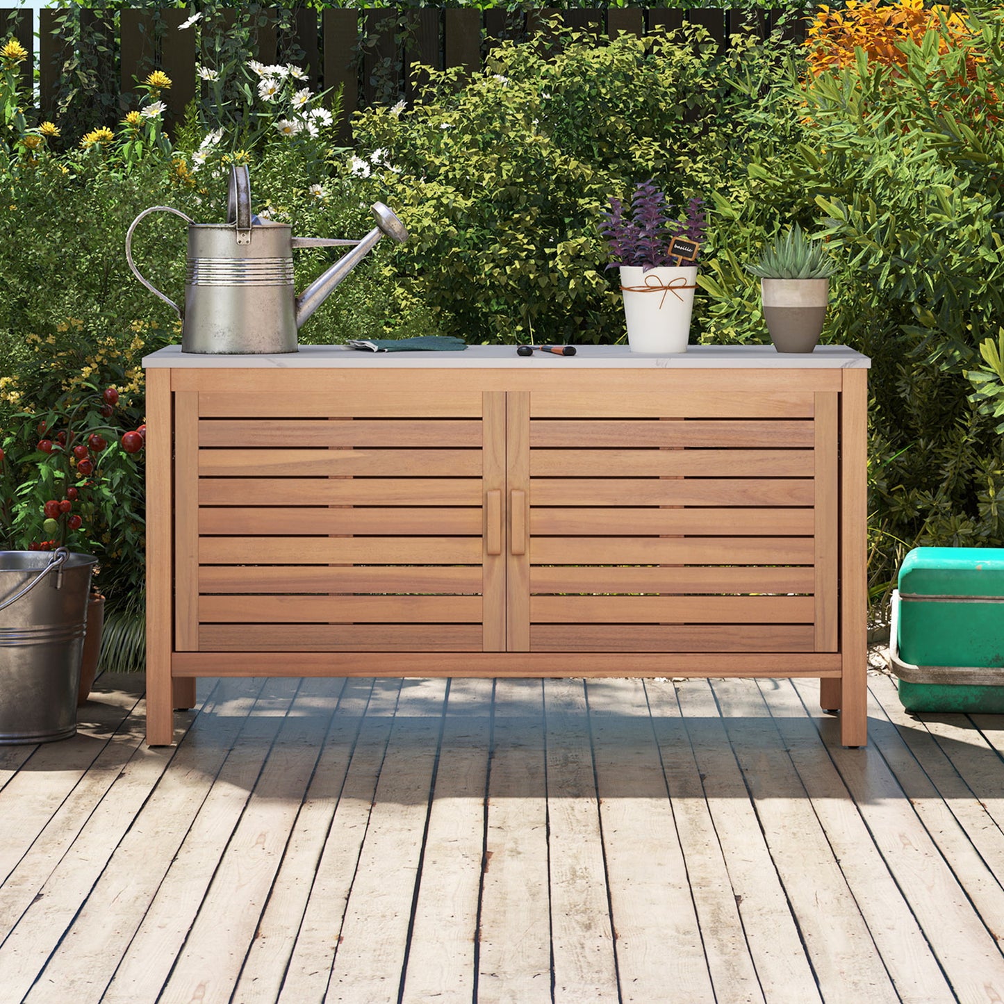 Patio Storage Cabinet, 2-Door Acacia Wood, Faux Marble Top Sheds & Outdoor Storage at Gallery Canada