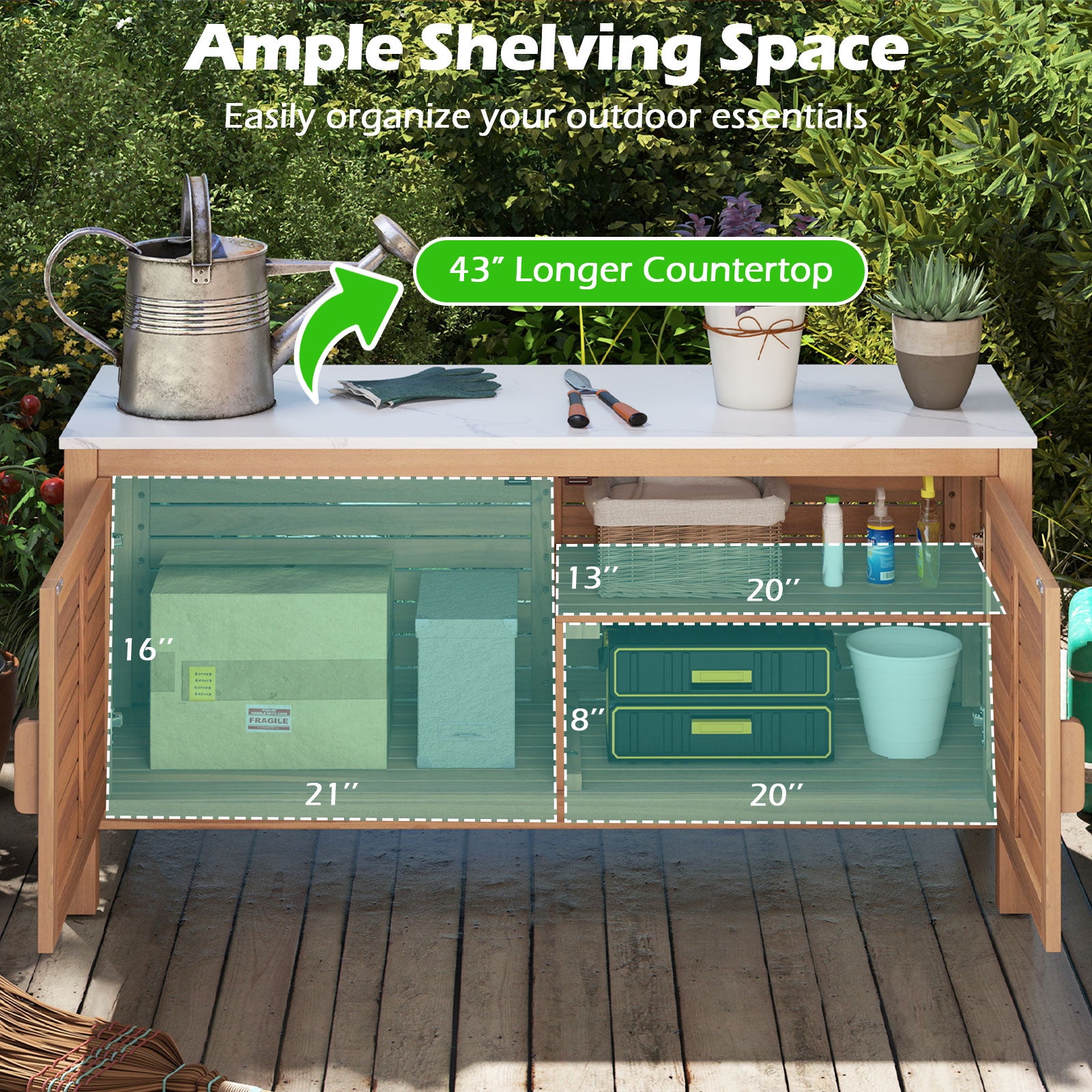 Patio Storage Cabinet, 2-Door Acacia Wood, Faux Marble Top Sheds & Outdoor Storage at Gallery Canada