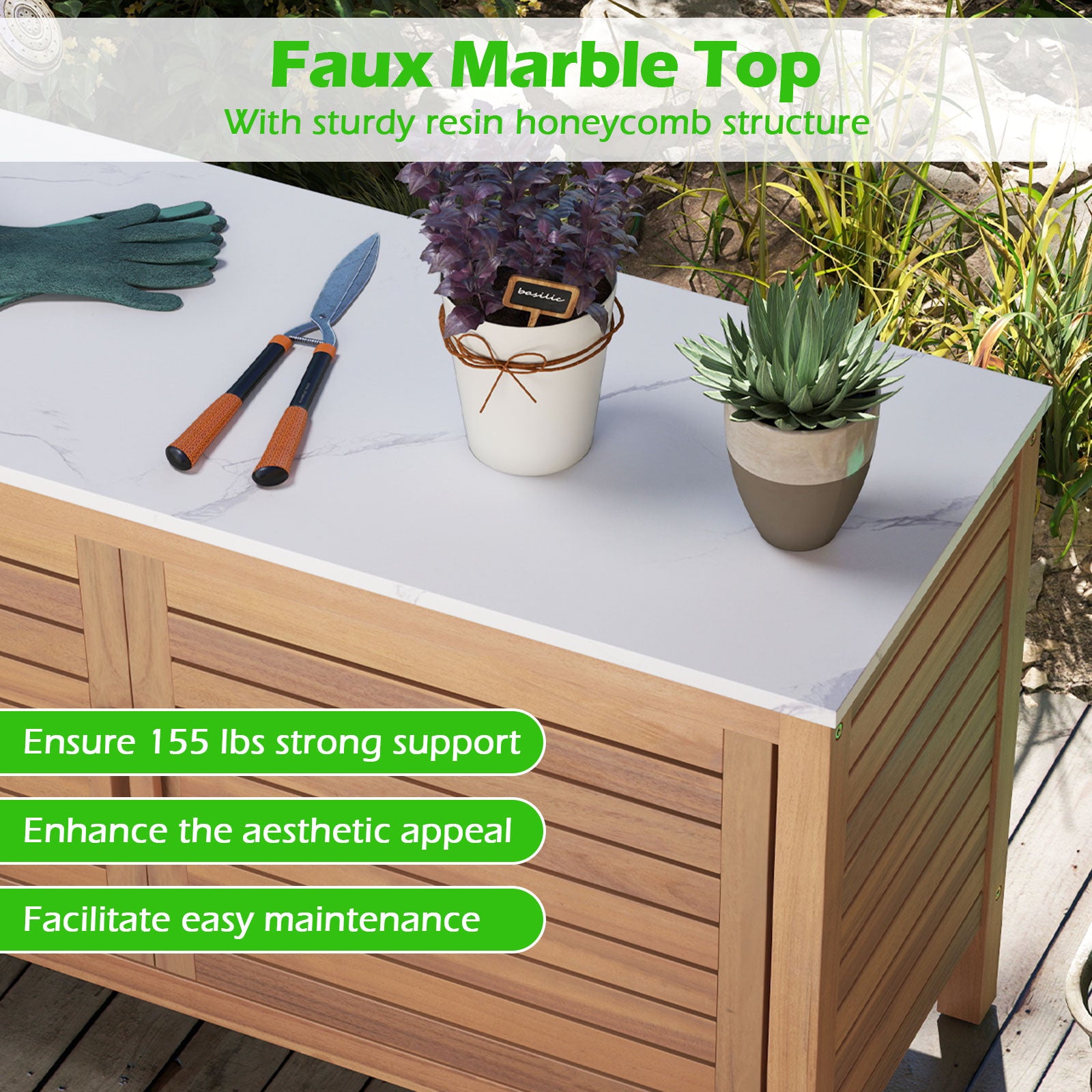Patio Storage Cabinet, 2-Door Acacia Wood, Faux Marble Top Sheds & Outdoor Storage at Gallery Canada