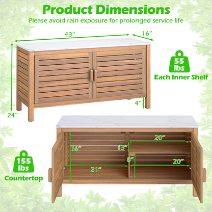 Patio Storage Cabinet, 2-Door Acacia Wood, Faux Marble Top Sheds & Outdoor Storage at Gallery Canada