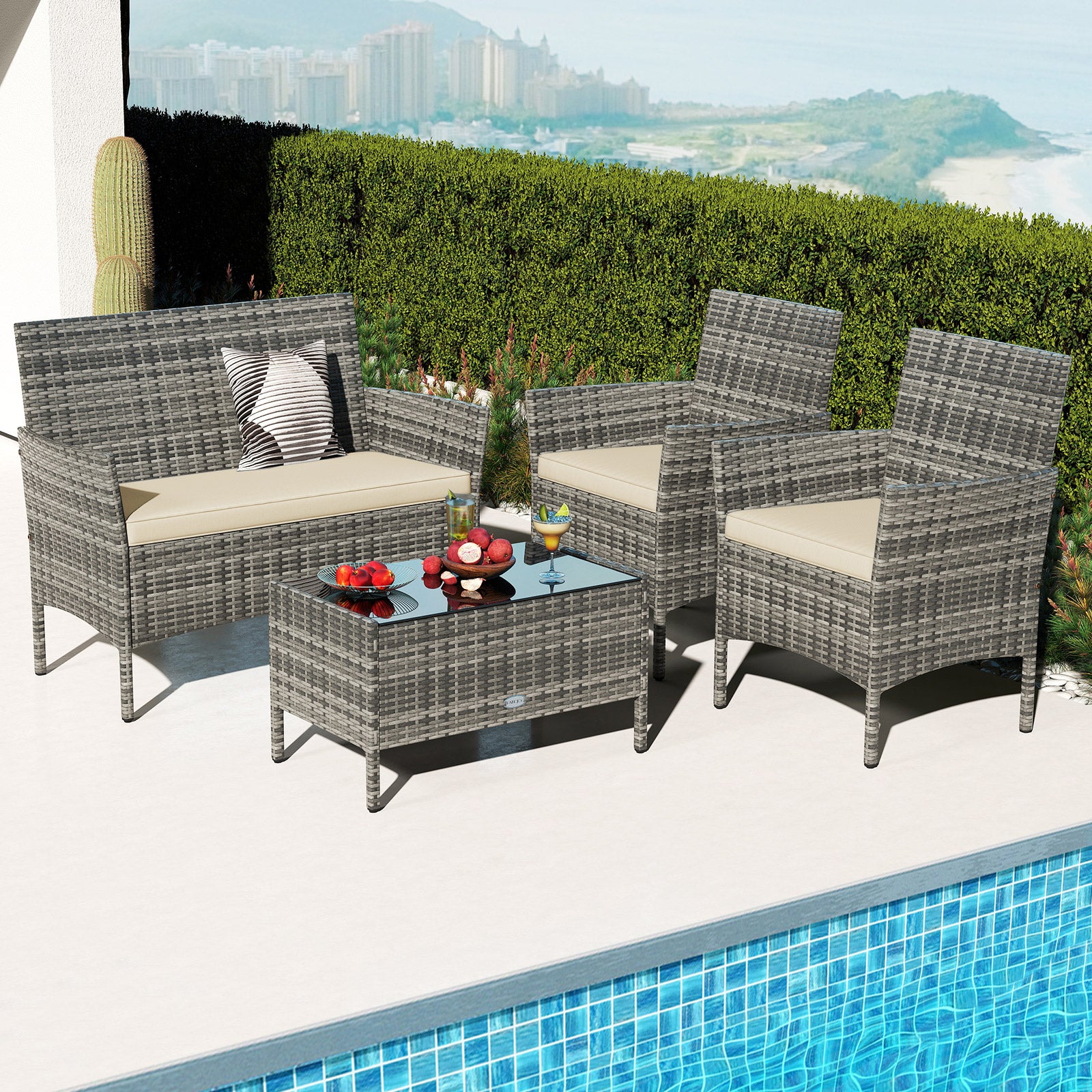 4 Pieces Patio Rattan Conversation Set with Tempered Glass Coffee Table, Beige Patio Conversation Sets at Gallery Canada
