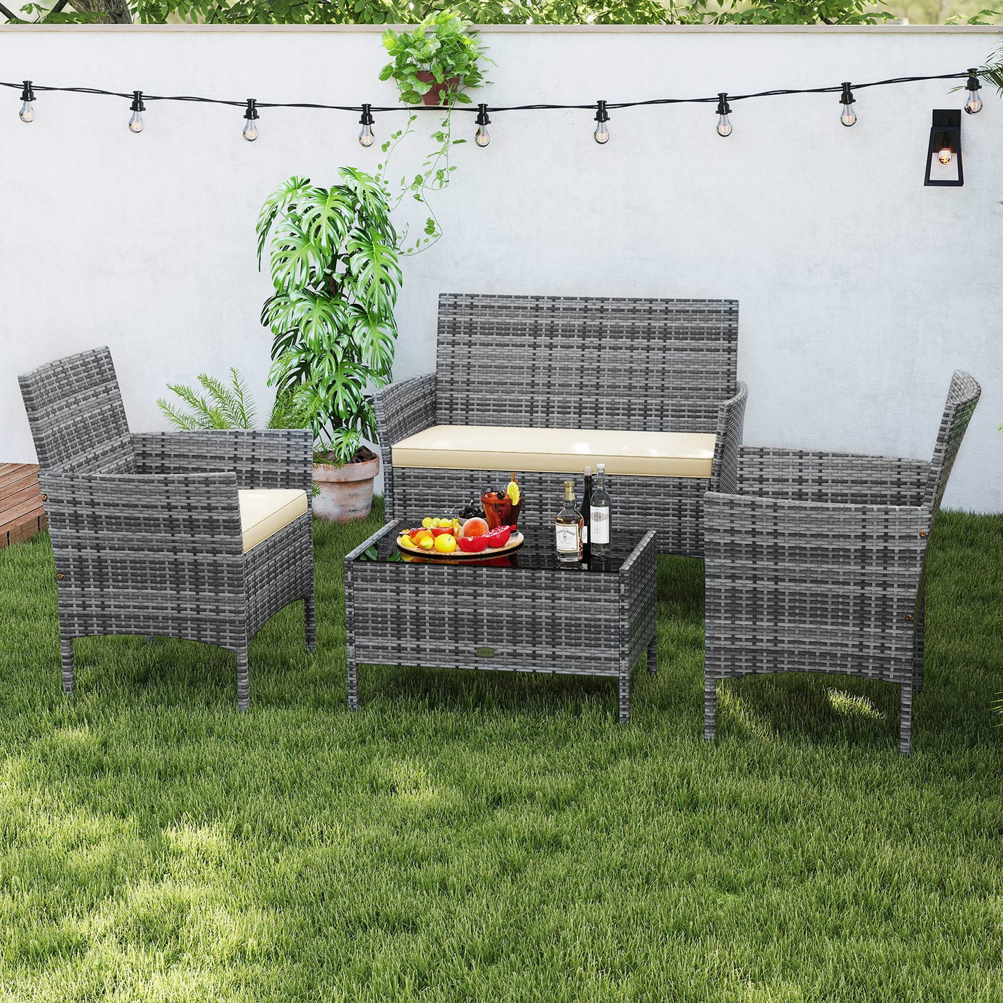 4 Pieces Patio Rattan Conversation Set with Tempered Glass Coffee Table, Beige Patio Conversation Sets at Gallery Canada