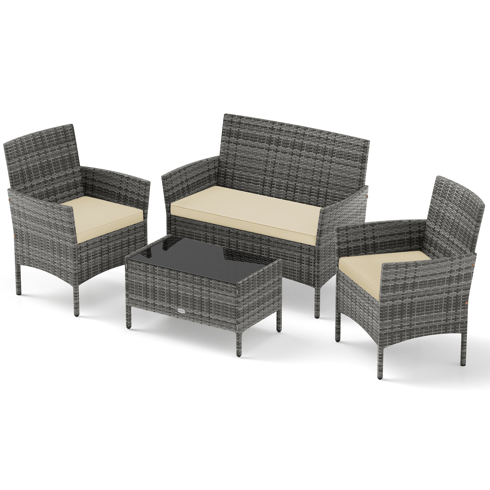 4 Pieces Patio Rattan Conversation Set with Tempered Glass Coffee Table, Beige Patio Conversation Sets at Gallery Canada