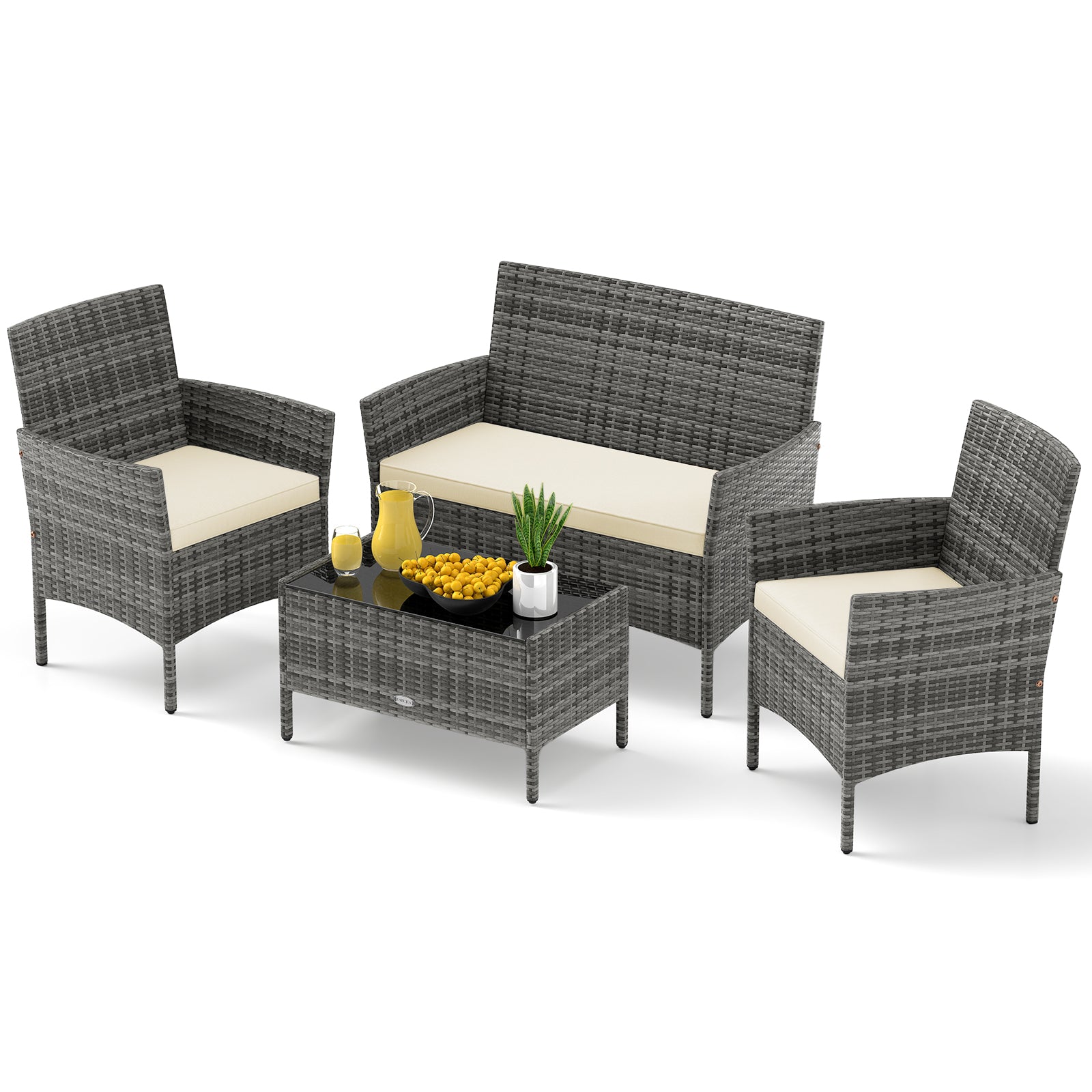4 Pieces Patio Rattan Conversation Set with Tempered Glass Coffee Table, Beige Patio Conversation Sets at Gallery Canada
