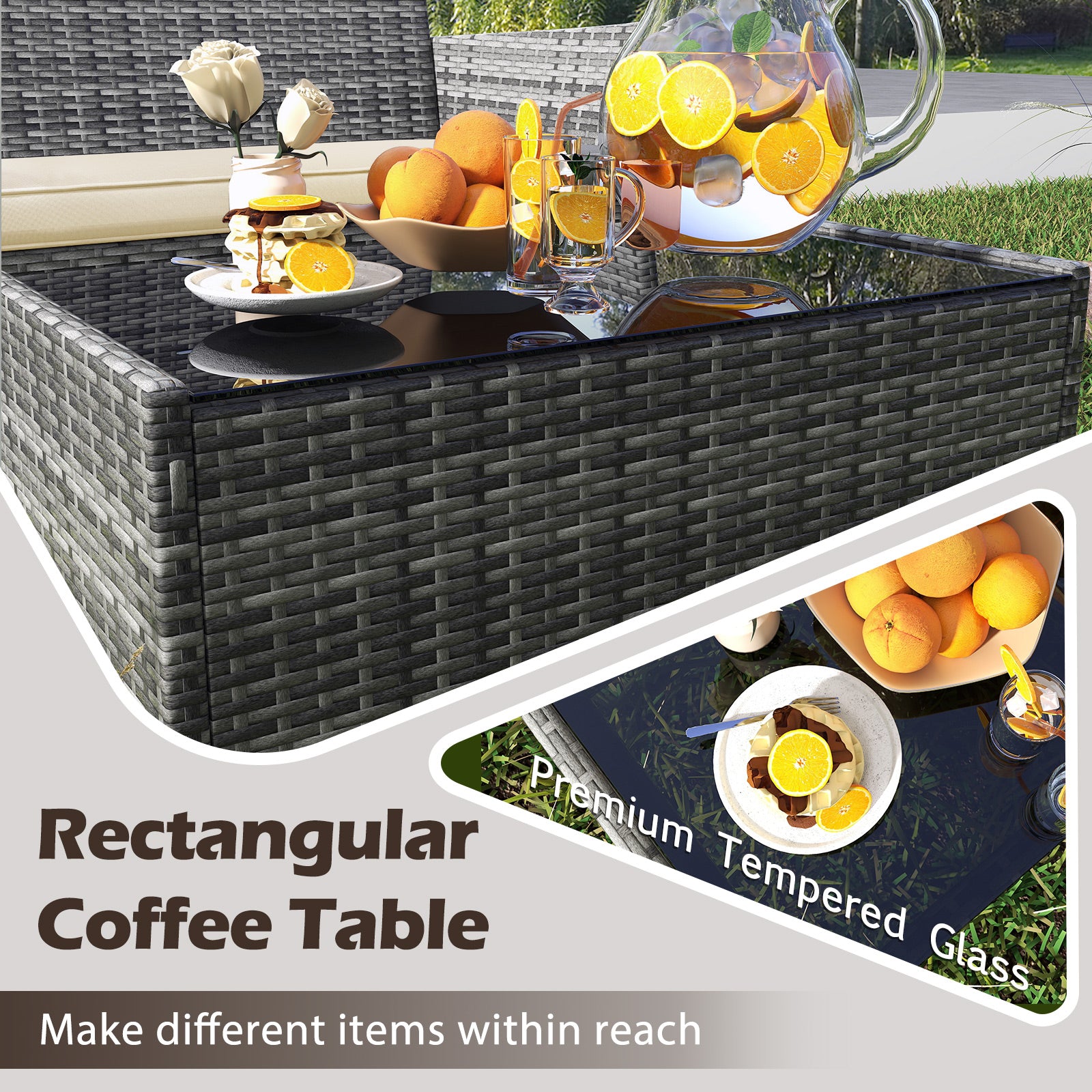 4 Pieces Patio Rattan Conversation Set with Tempered Glass Coffee Table, Beige Patio Conversation Sets at Gallery Canada