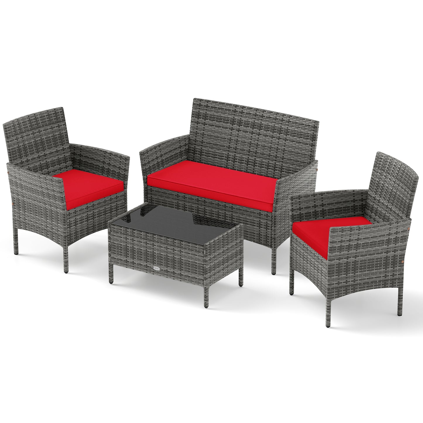 4 Piece Rattan Patio Set, Tempered Glass Coffee Table, Red Patio Conversation Sets Red at Gallery Canada