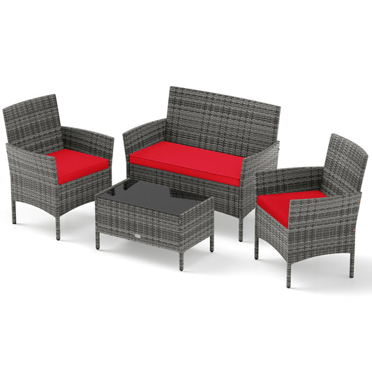 4 Piece Rattan Patio Set, Tempered Glass Coffee Table, Red