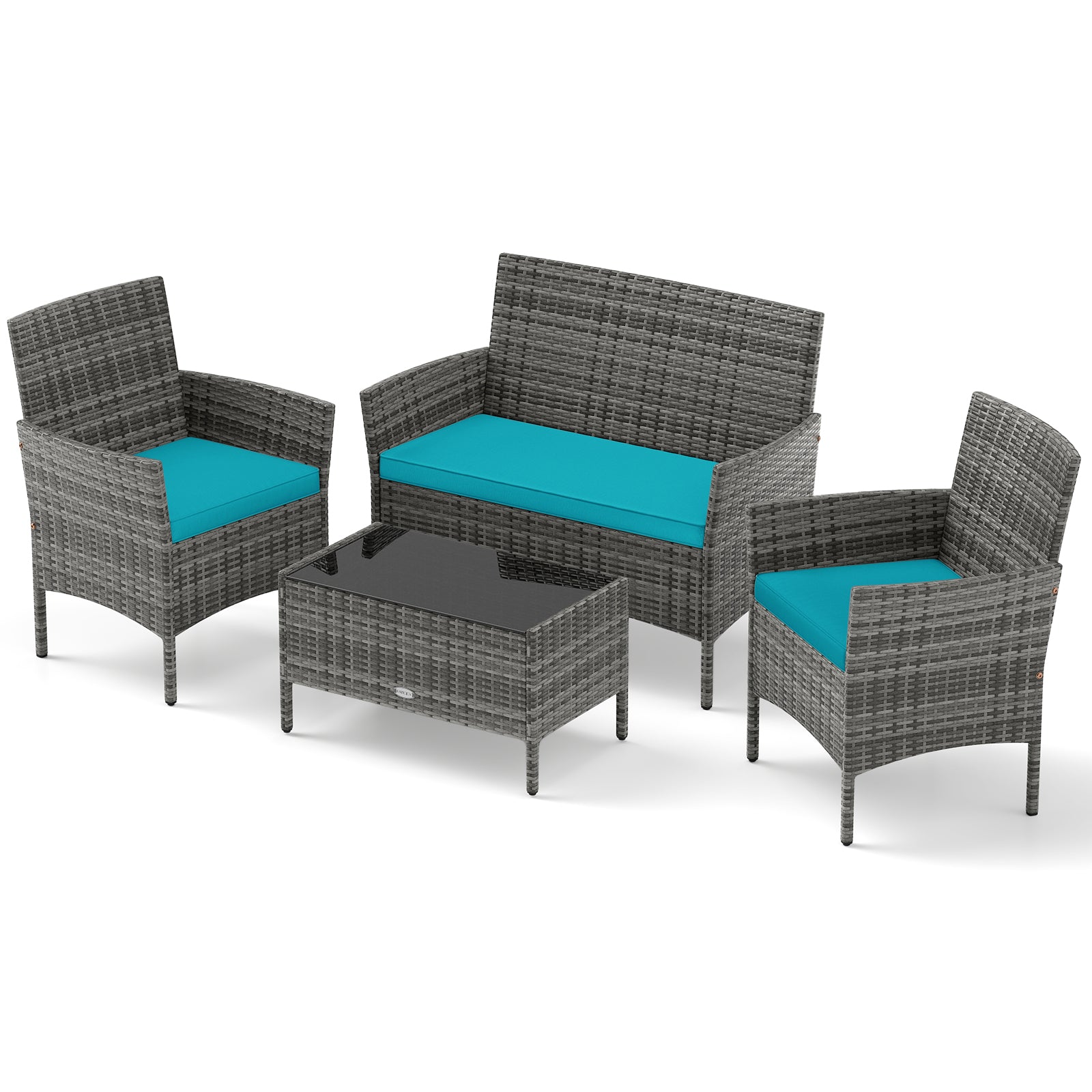 4 Piece Patio Rattan Conversation Set, Tempered Glass Coffee Table, Turquoise Patio Conversation Sets Turquoise at Gallery Canada