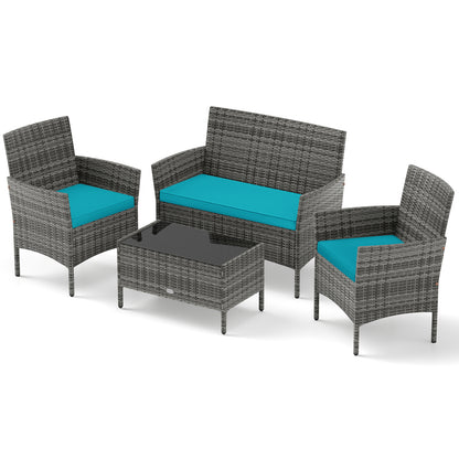 4 Piece Patio Rattan Conversation Set, Tempered Glass Coffee Table, Turquoise Patio Conversation Sets Turquoise at Gallery Canada