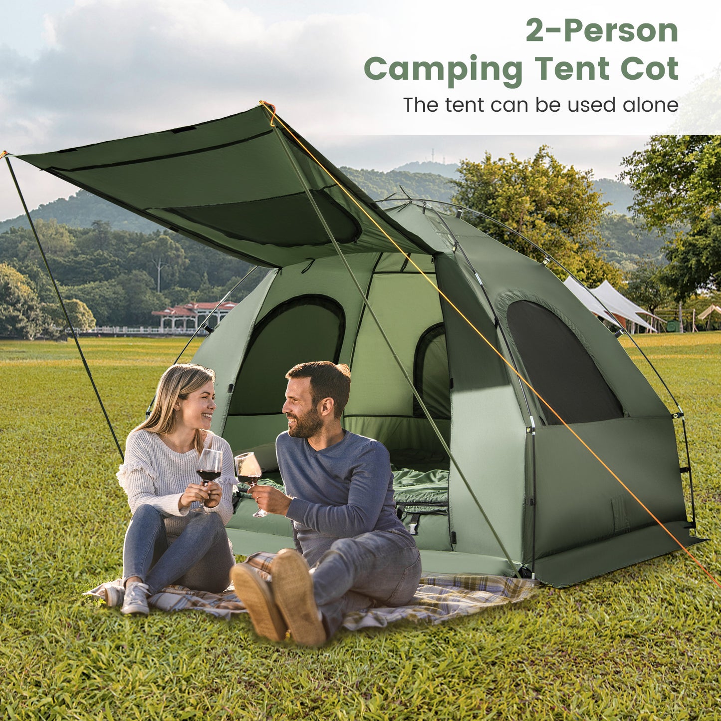 5-in-1 2-Person Foldable Outdoor Camping Tent Cot with Air Mattress and Sleeping Bag, Green Tents at Gallery Canada
