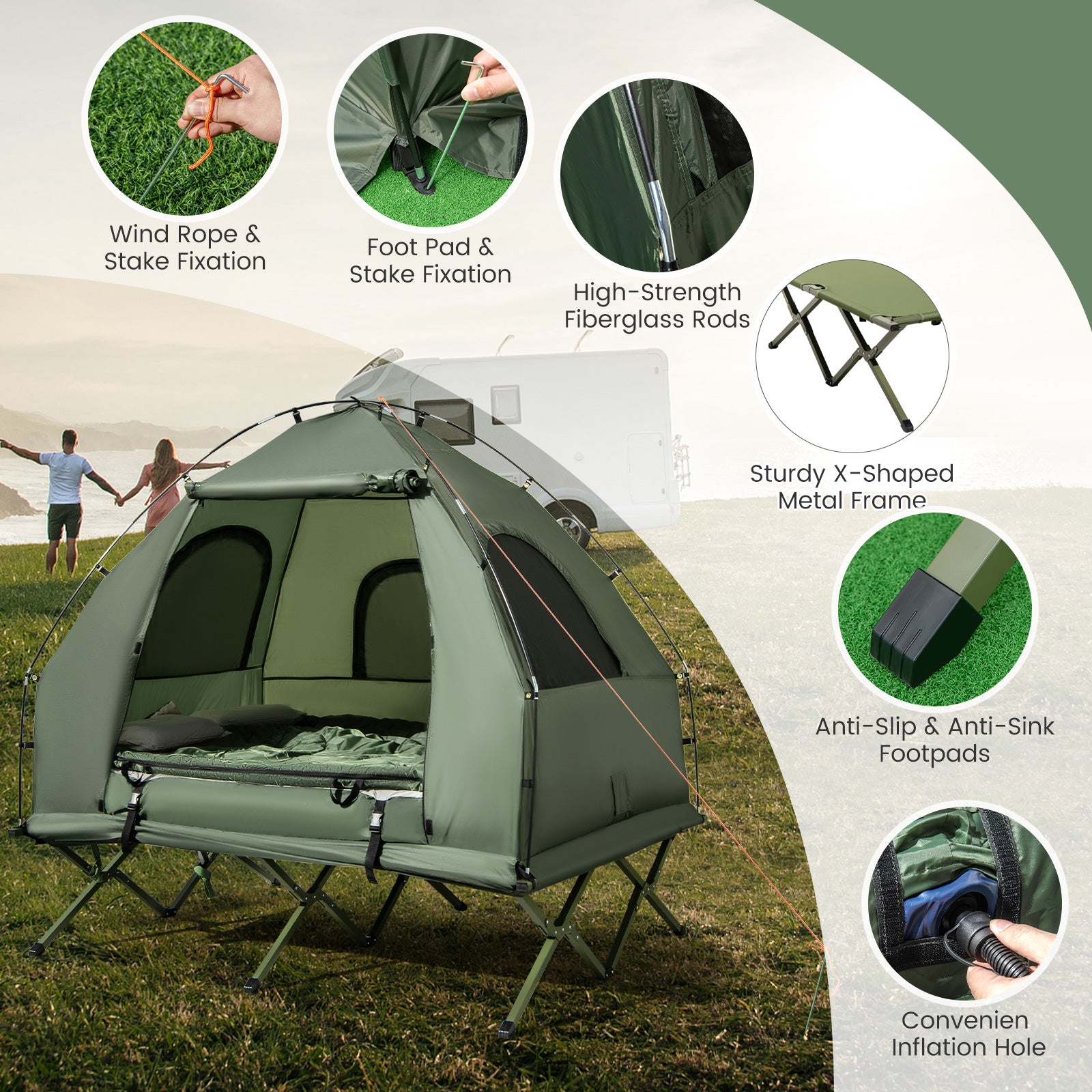 5-in-1 2-Person Foldable Outdoor Camping Tent Cot with Air Mattress and Sleeping Bag, Green Tents at Gallery Canada