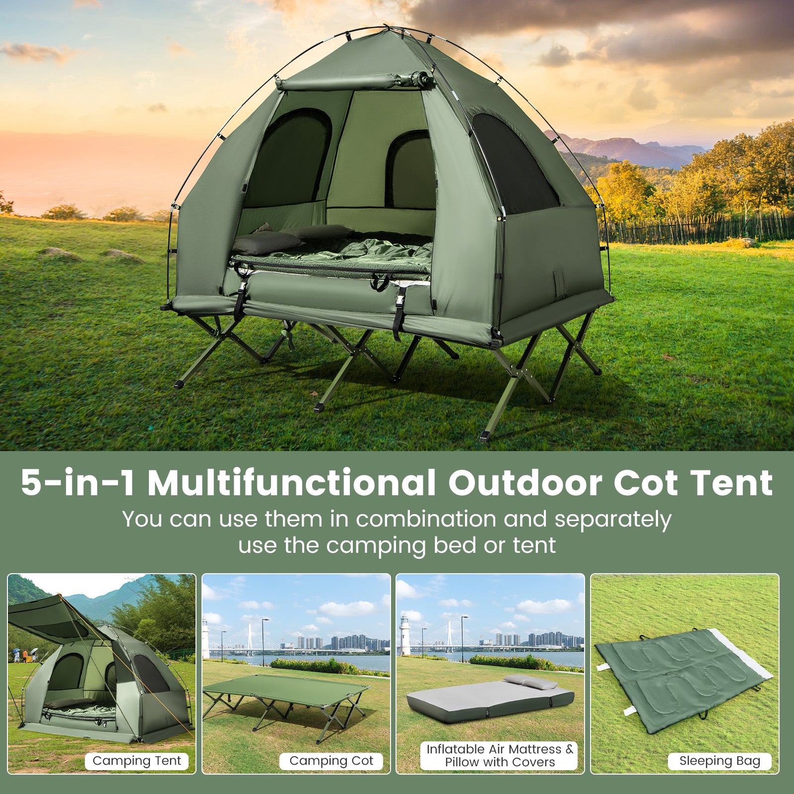 5-in-1 2-Person Foldable Outdoor Camping Tent Cot with Air Mattress and Sleeping Bag, Green Tents at Gallery Canada