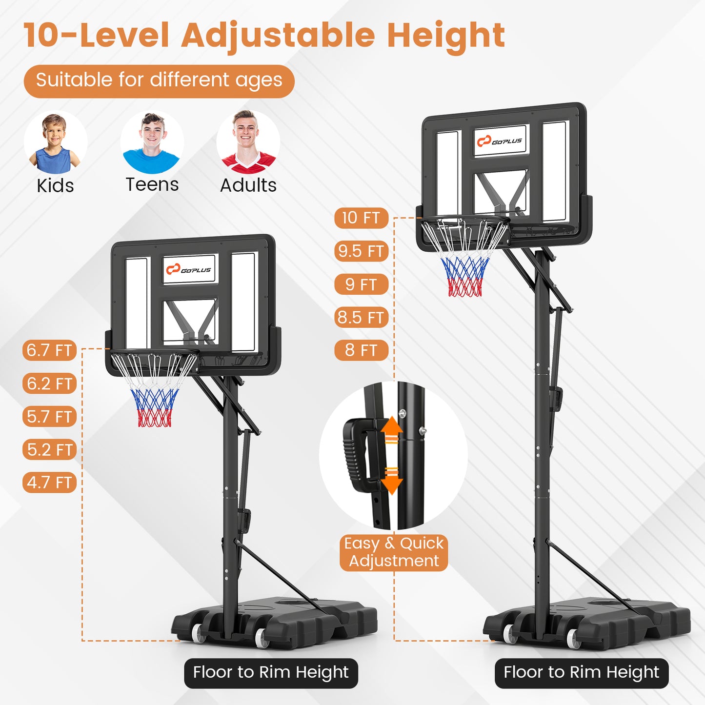 Portable Basketball Hoop with 4.6 to 10 Feet 10-Level Height Adjustable, Black Sport Equipments at Gallery Canada