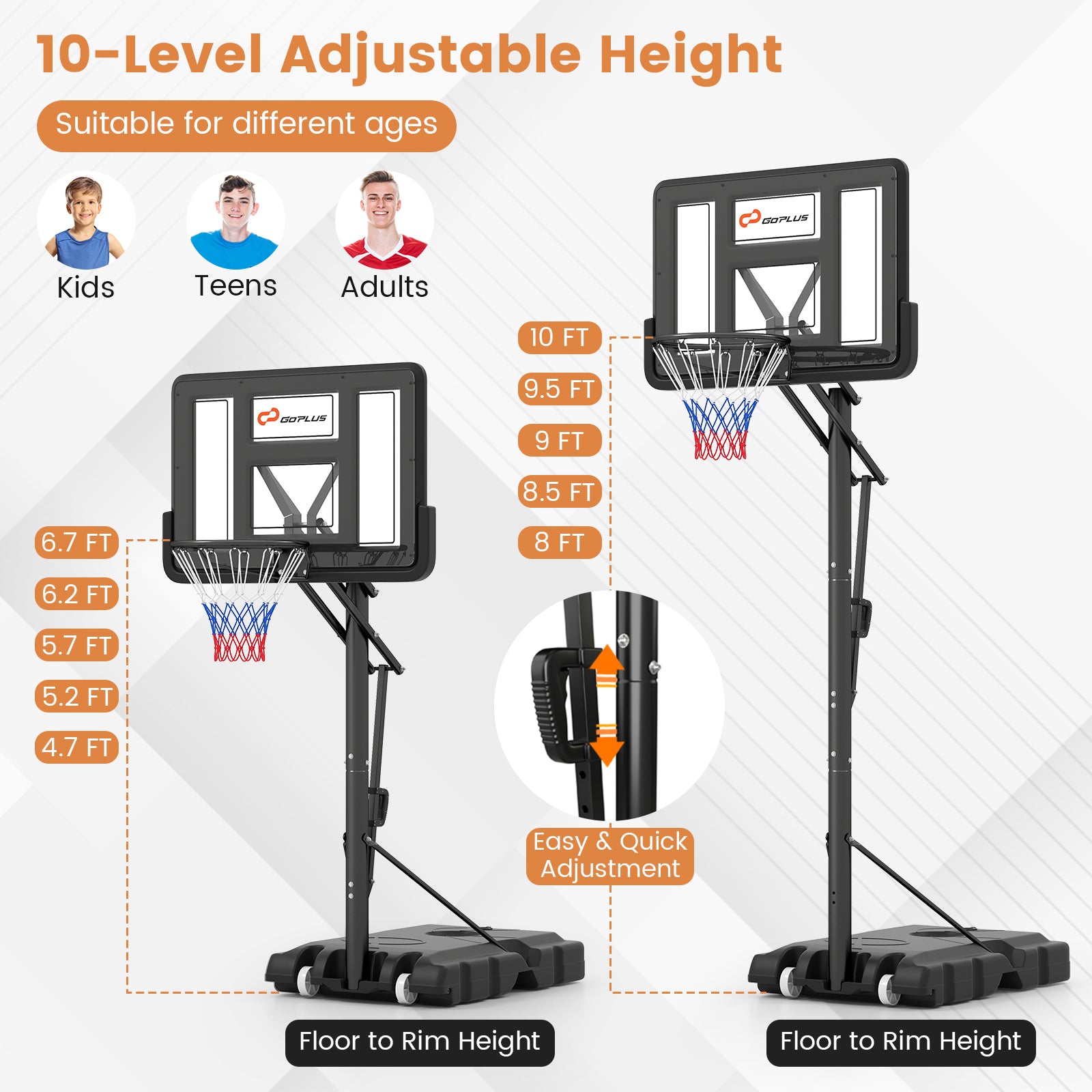 Portable Basketball Hoop with 4.6 to 10 Feet 10-Level Height Adjustable, Black Sport Equipments at Gallery Canada
