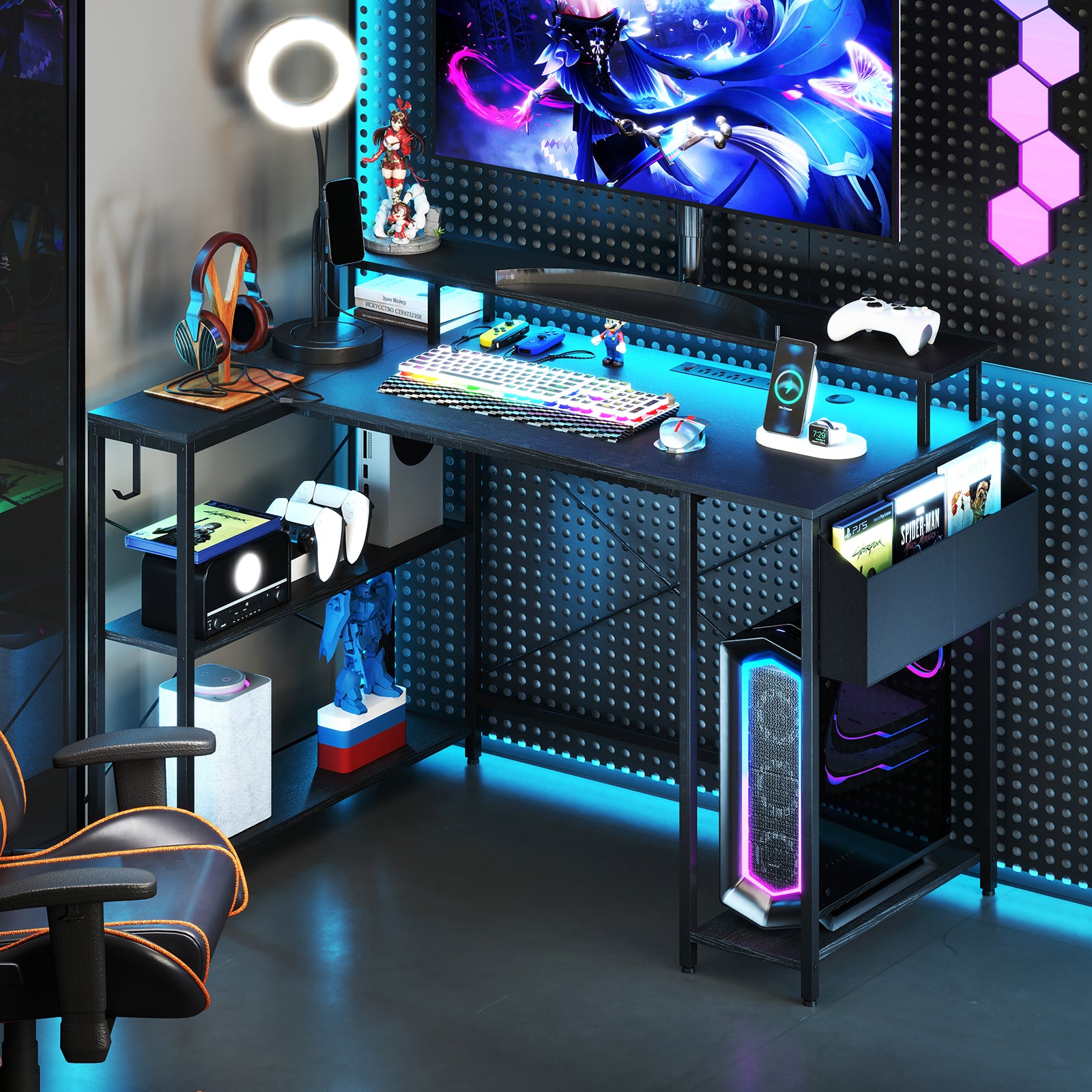 L-Shaped Gaming Desk with LED Lights and Power Outlets, Black Computer Desks at Gallery Canada