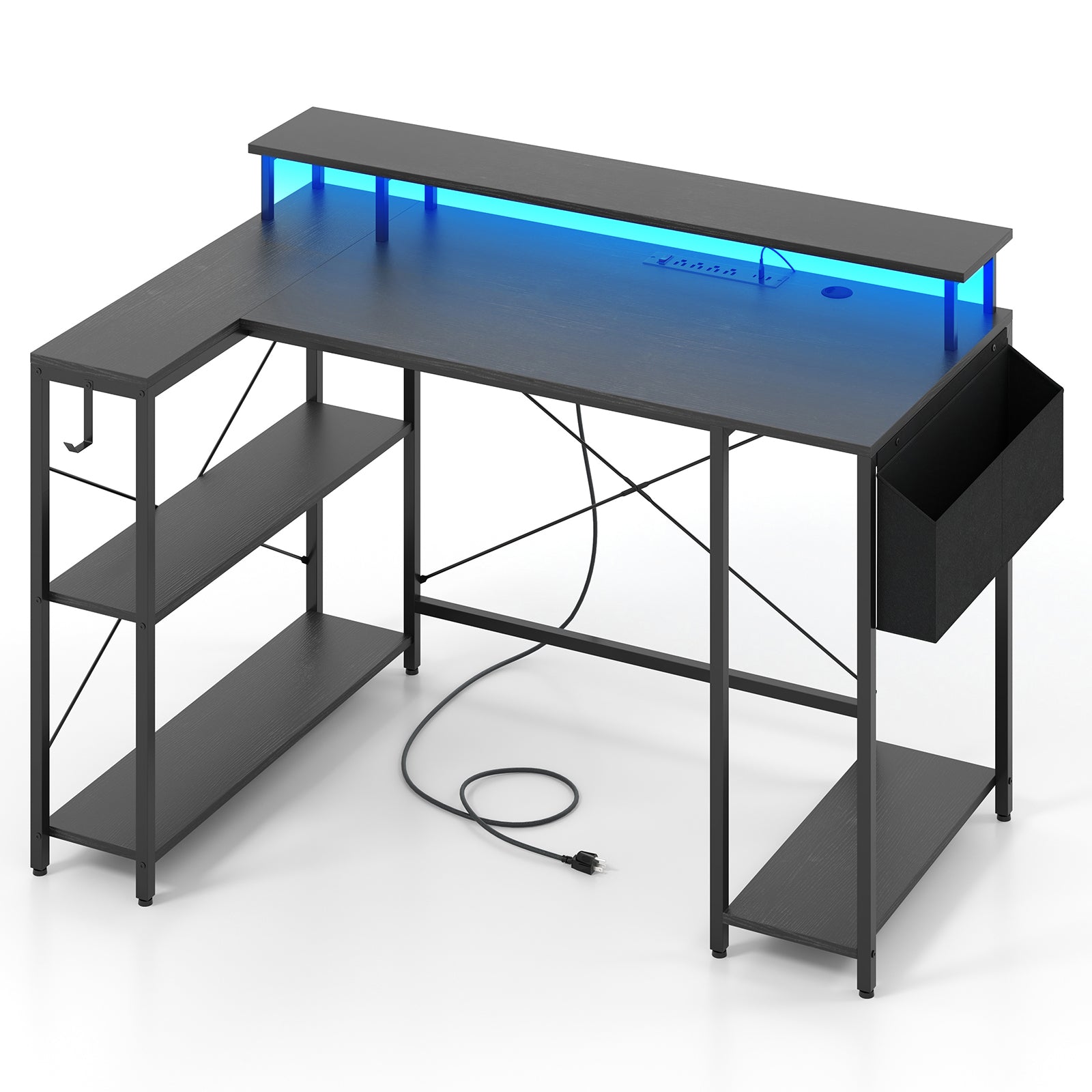 L-Shaped Gaming Desk with LED Lights and Power Outlets, Black Computer Desks Black at Gallery Canada
