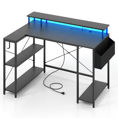 L-Shaped Gaming Desk With LED Lights, Power Outlets, Black