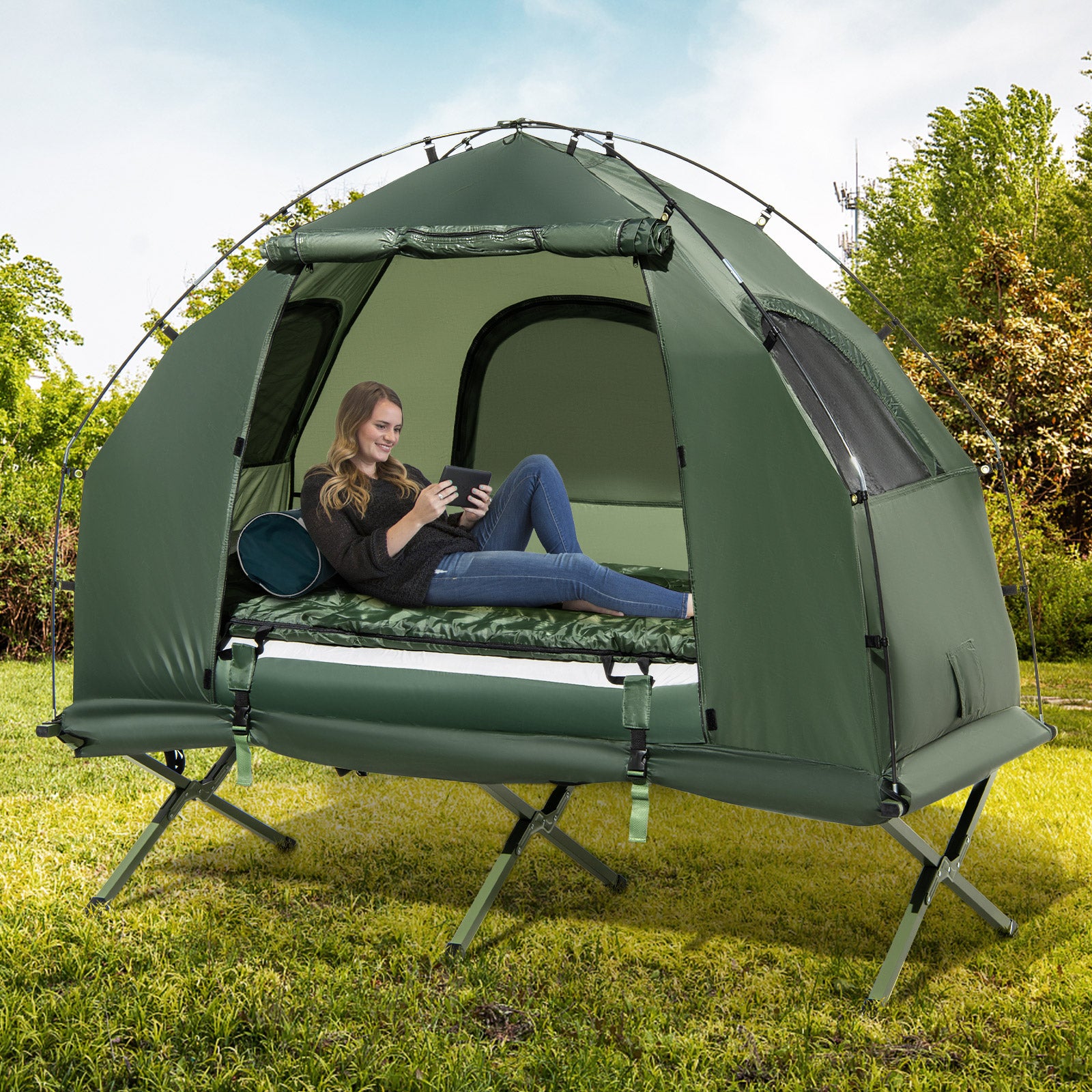 1-Person Folding Camping Tent with Sunshade, Air Mattress, Green Tents at Gallery Canada