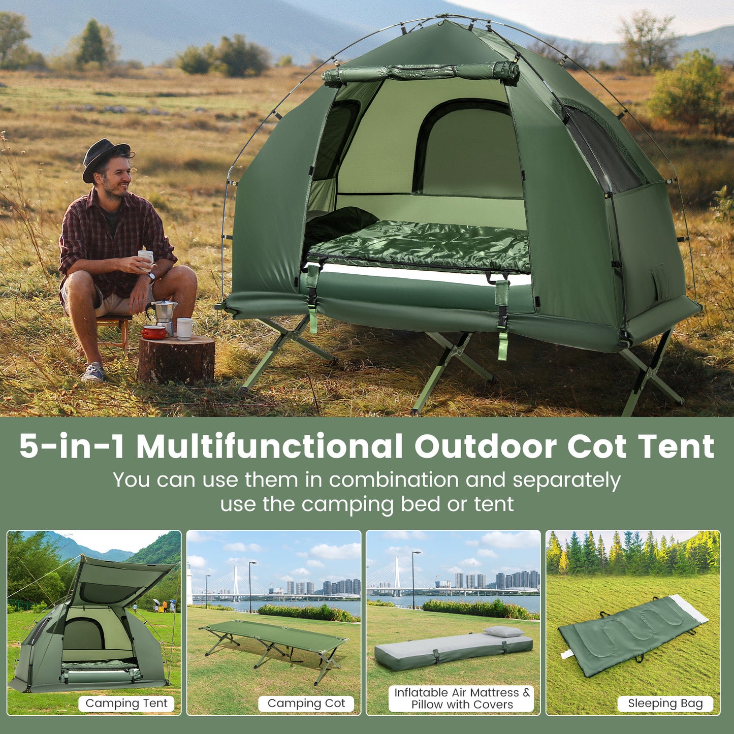 1-Person Folding Camping Tent with Sunshade, Air Mattress, Green Tents at Gallery Canada