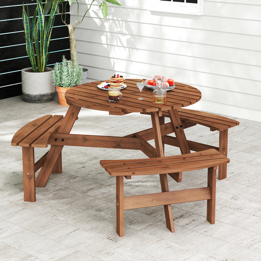 6-Person Round Picnic Table Set, 3 Built-in Benches, Umbrella Hole, Brown Picnic Tables Brown at Gallery Canada