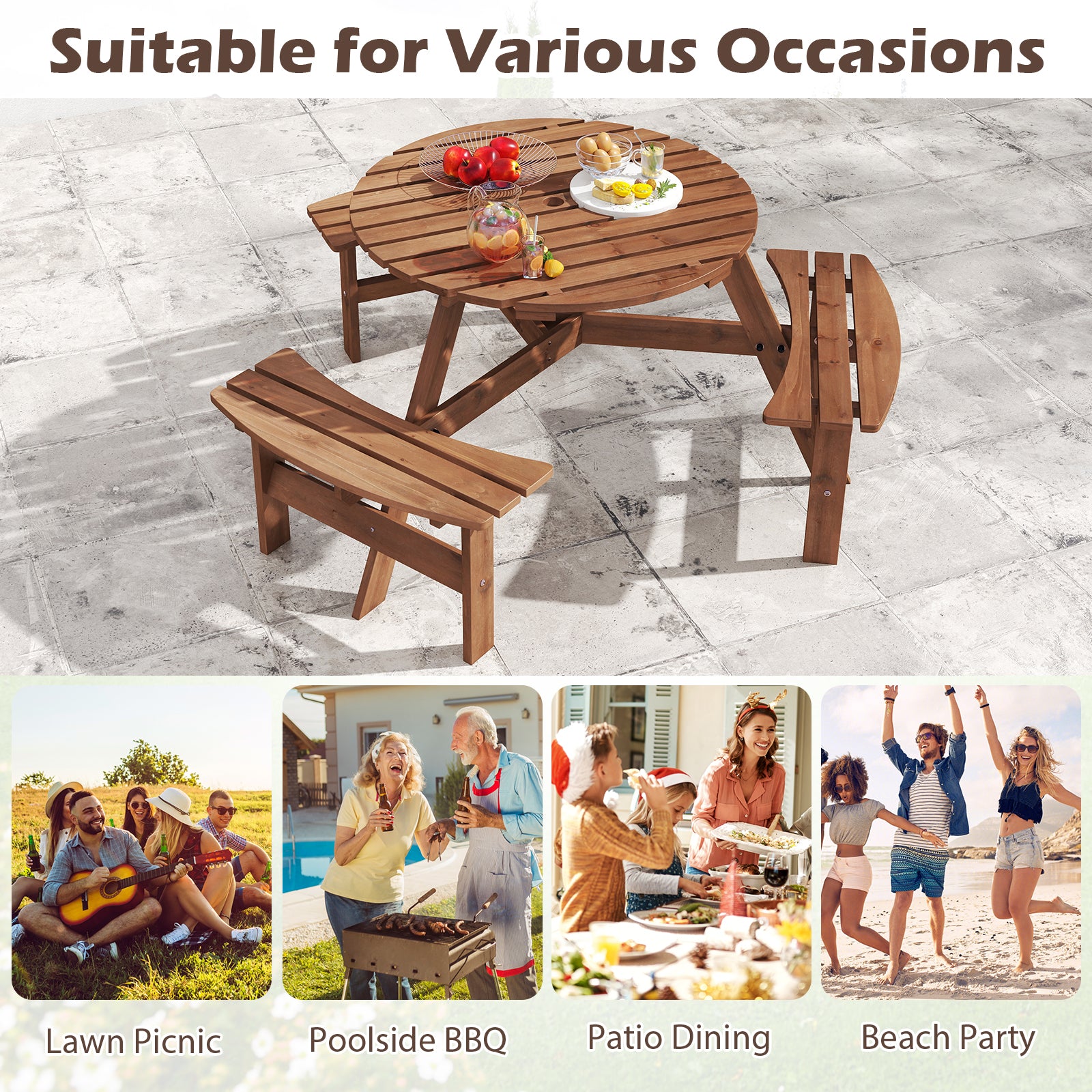 6-Person Round Picnic Table Set, 3 Built-in Benches, Umbrella Hole, Brown Picnic Tables at Gallery Canada